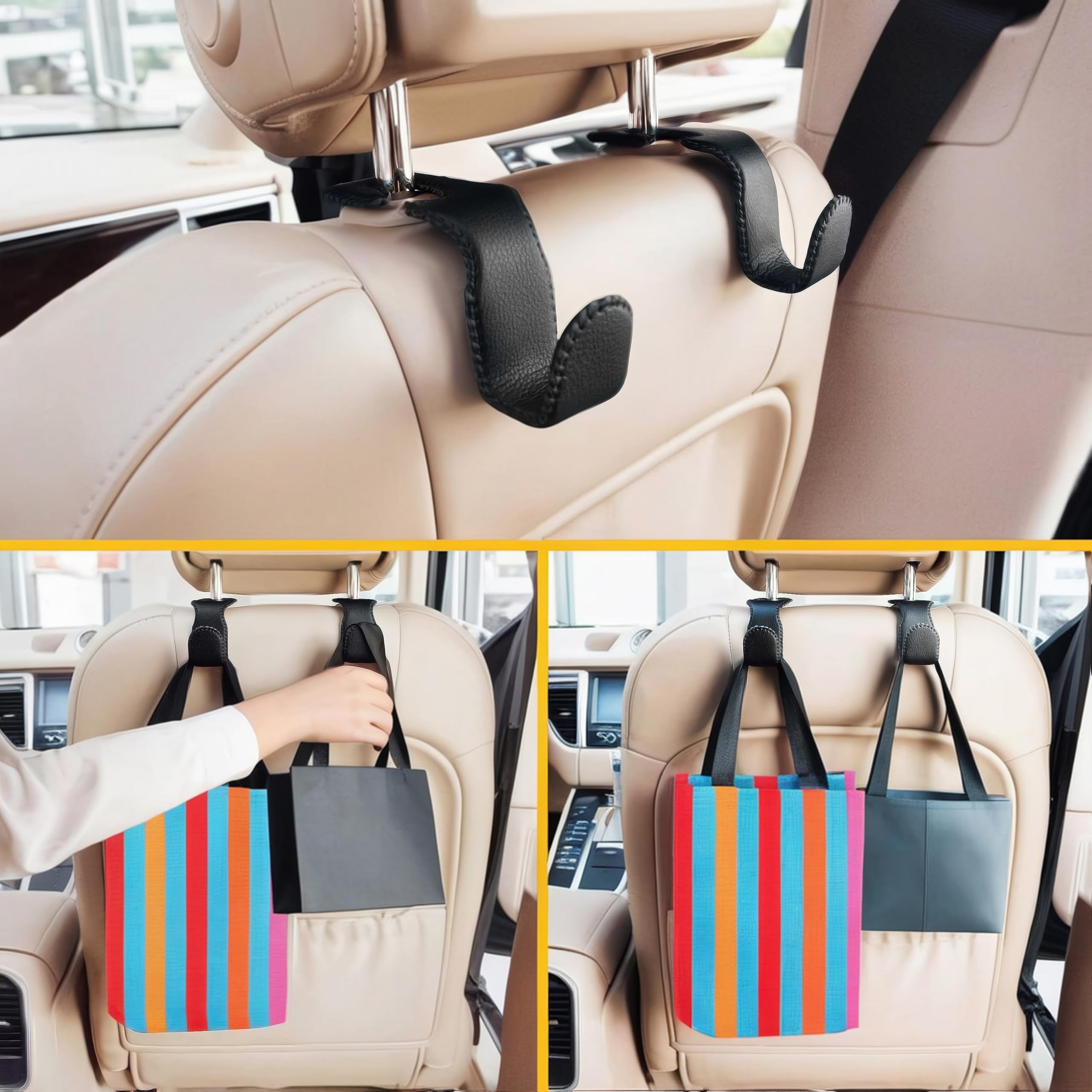 Eldhus Headrest Hooks For Purses And Bags, 2 Pack Car Seat Hooks For Grocery Bag Handbag, Metal Car Purse Holder Covered By Leat