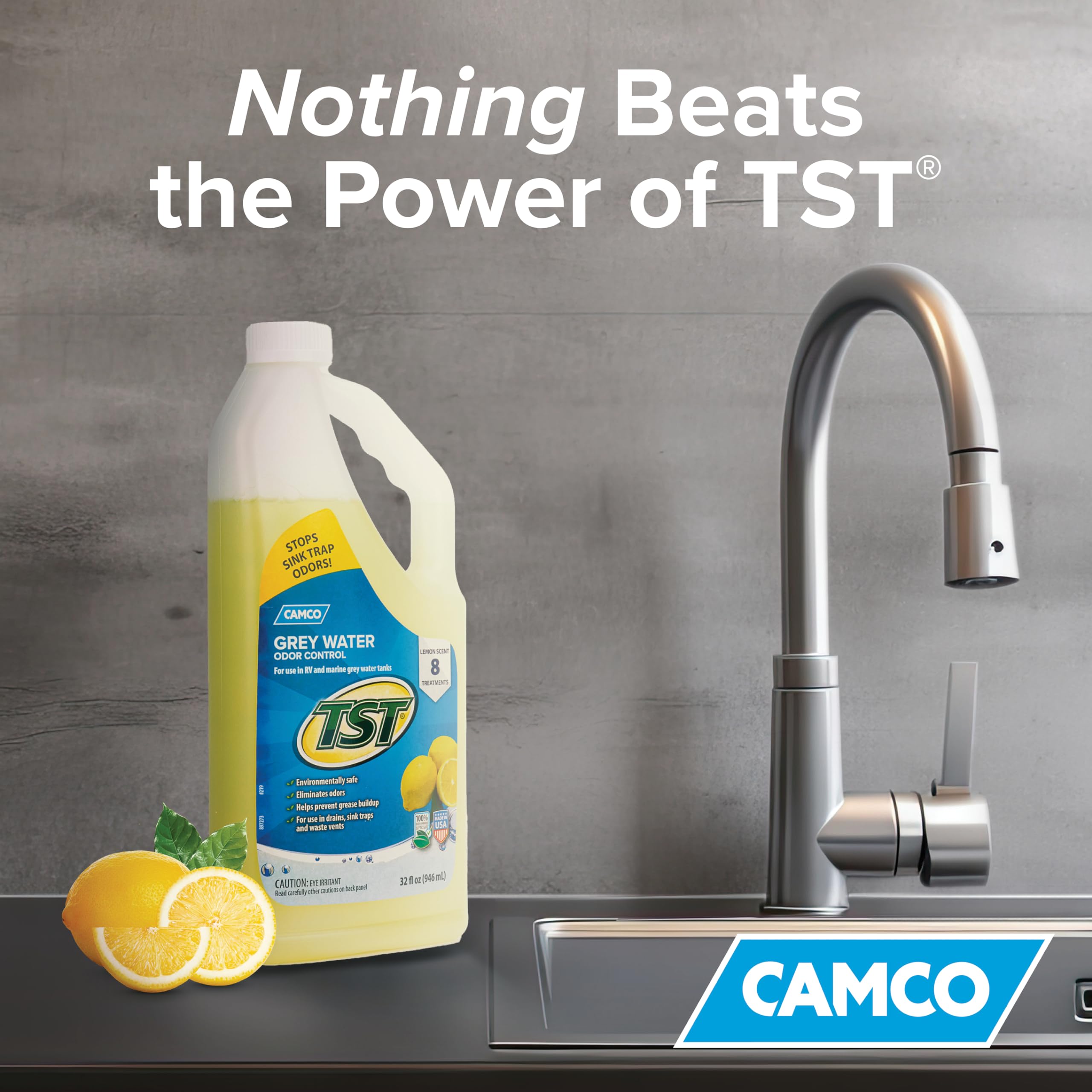 Camco TST Camper/RV Grey Water Odor Control - Features Septic Safe Biodegradable Formula - Removes Grease Build-Up in Black Water Tank, Sink & Shower Drains - Fresh Lemon Scent, 32-oz Bottle (40252)