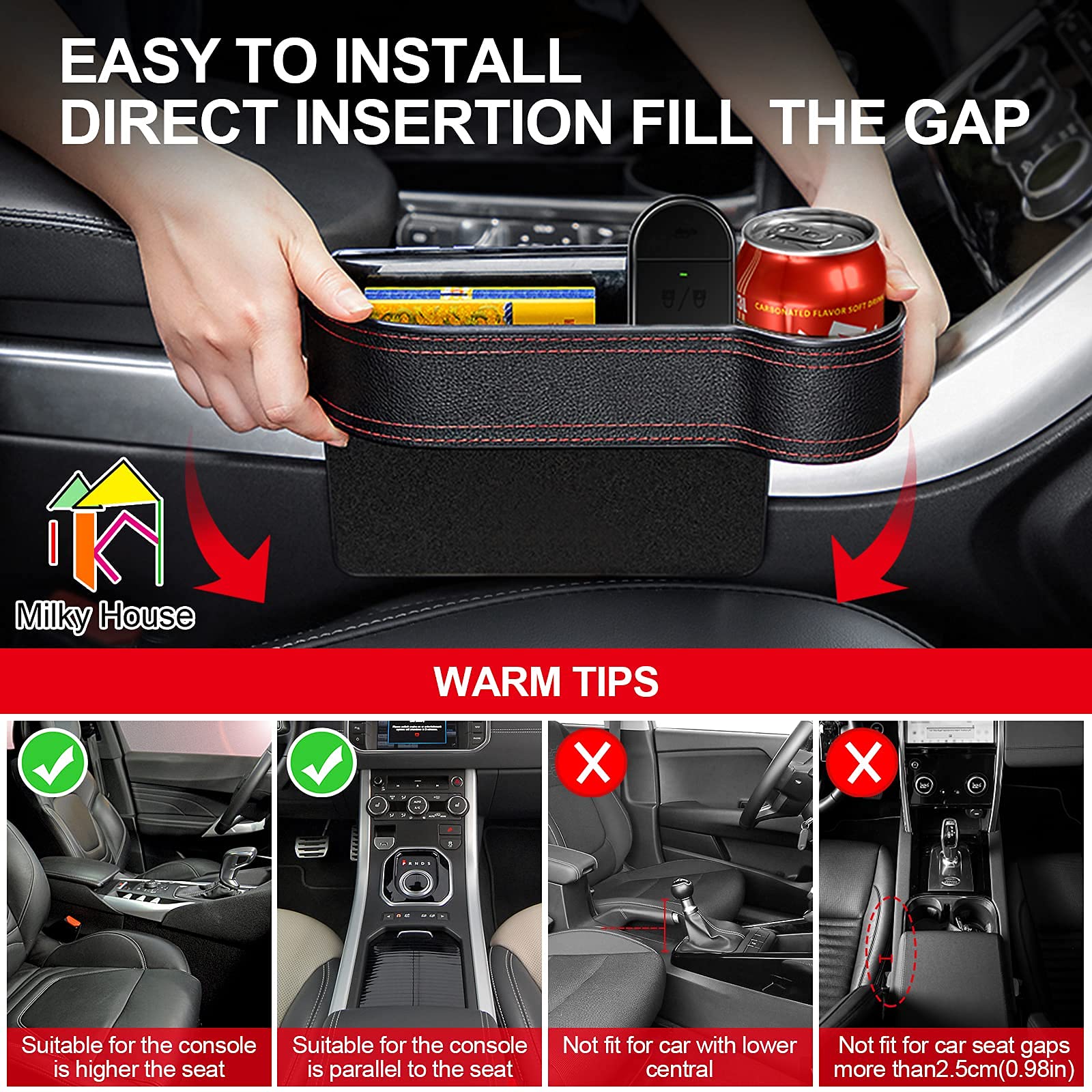 2 Set Car Seat Gap Organizer, Car Gap Filler Storage Boxes, PU Leather Front Seat Console Side Pocket Bags with Cup Holder 4 Hoo