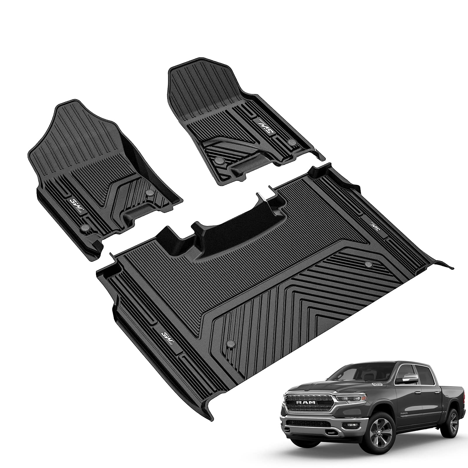 3W Floor Mats Fit For 2019-2024 Dodge Ram 1500 Crew Cab New Body (Not Classic Models) With Original Storage All Weather Tpe Accessories Custom Fit Dodge Ram 1500 Floor Liner Full Set Car Mats