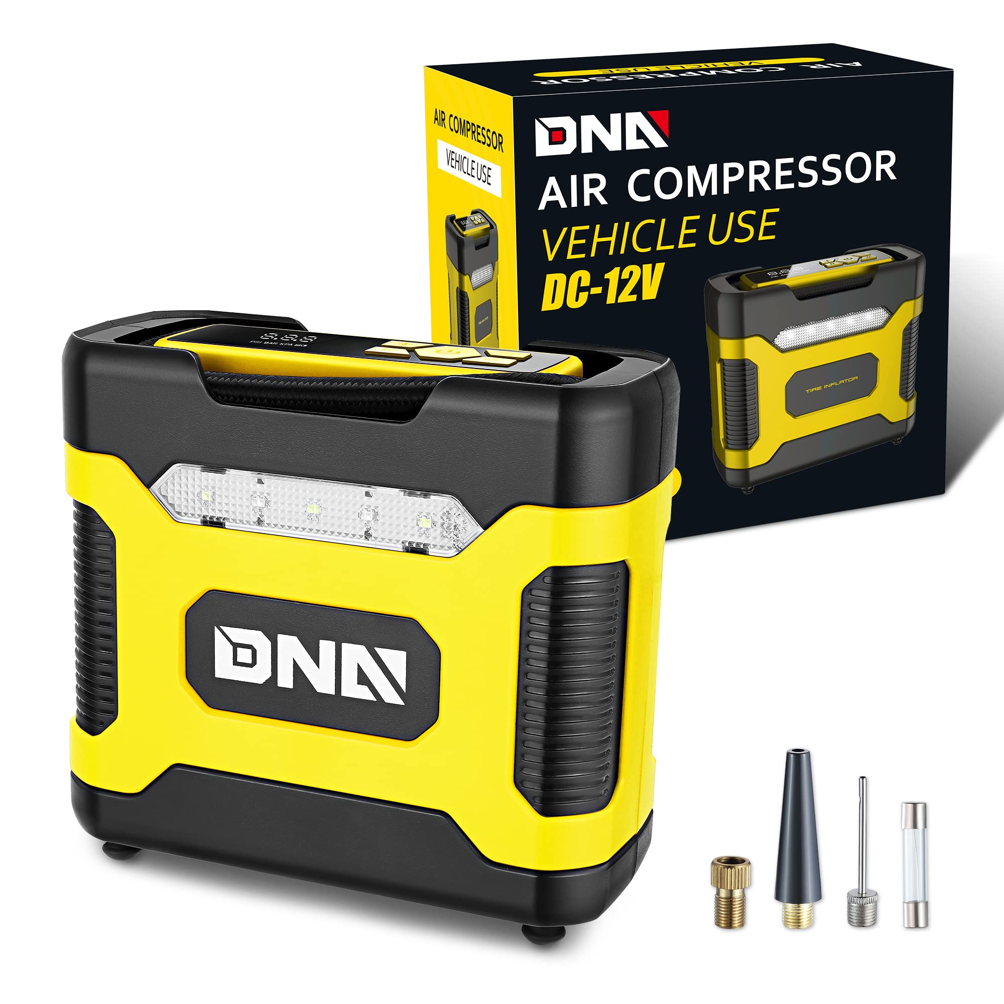 Dna Motoring Tools-00211 Yellow 12V Dc Digital Tire Inflator Portable Air Compressor With Pressure Gauge For Cars, Bicycles, Mot
