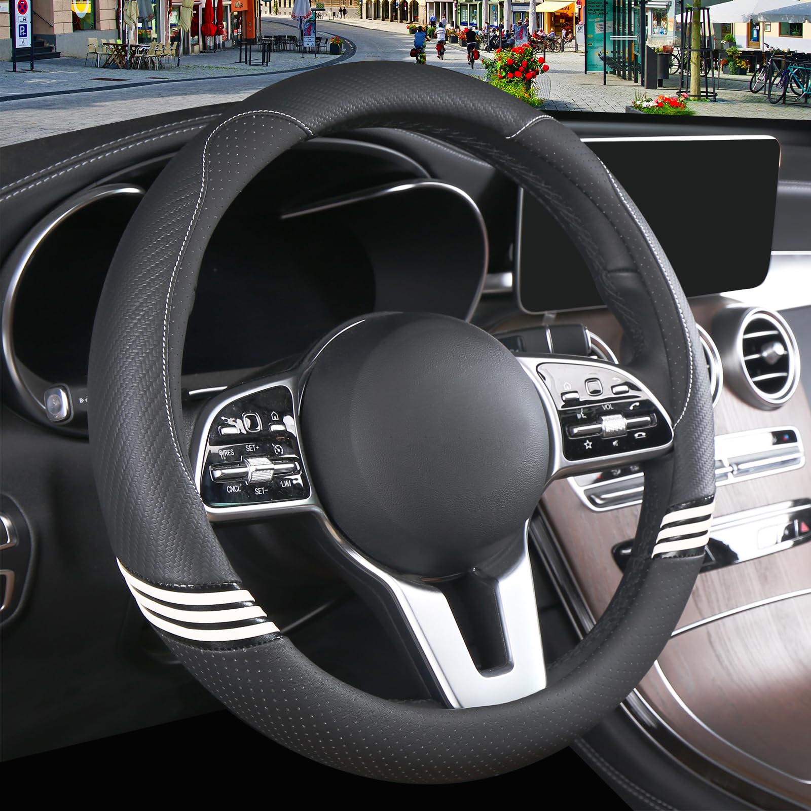 Binsheo Cute Steering Wheel Cover For Women Men Leather Universal 15 Inch,Black