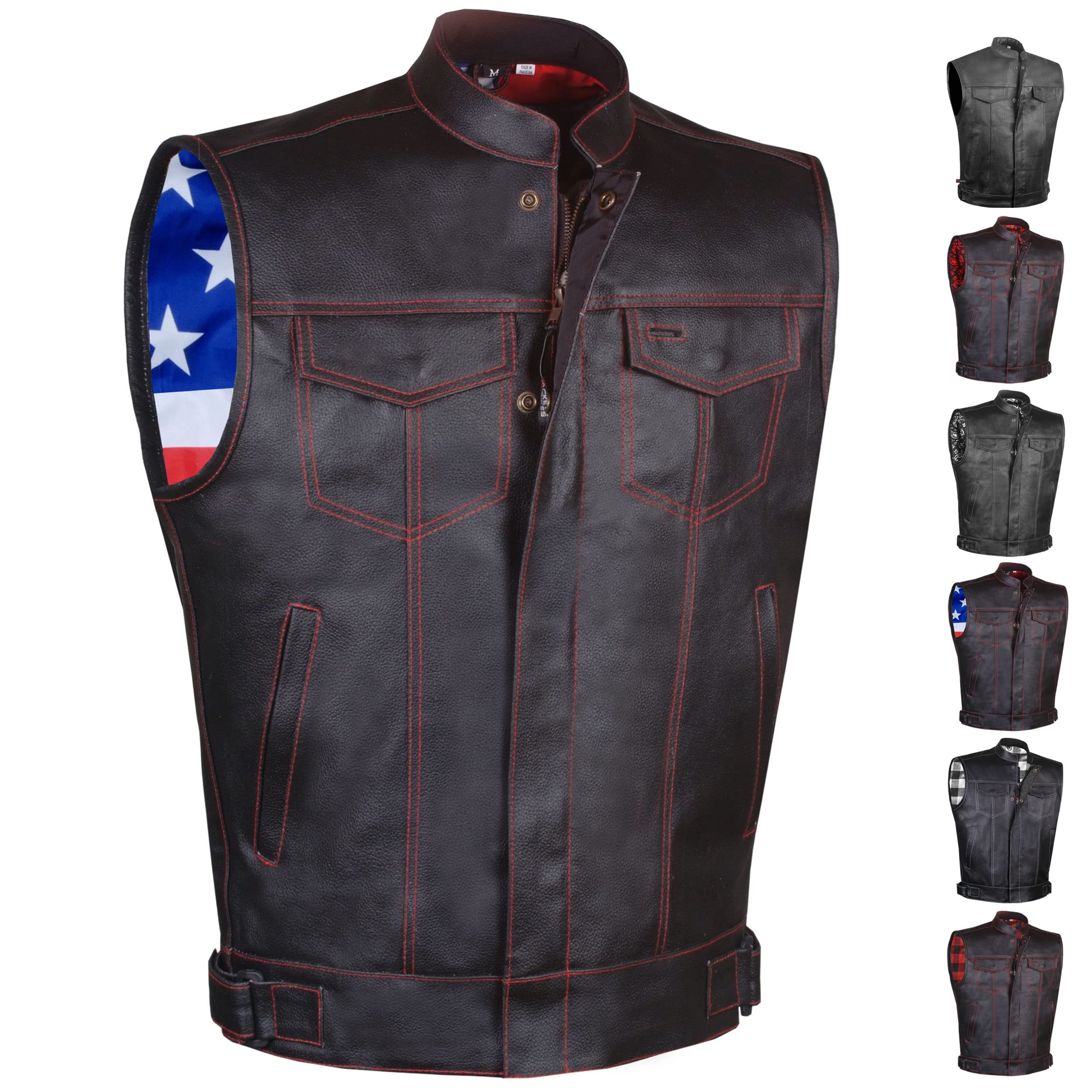 Soa Men 'S Premium Leather Motorcycle Vest With Biker Club Concealed Carry Gun Pockets W/Armor Us Flag L