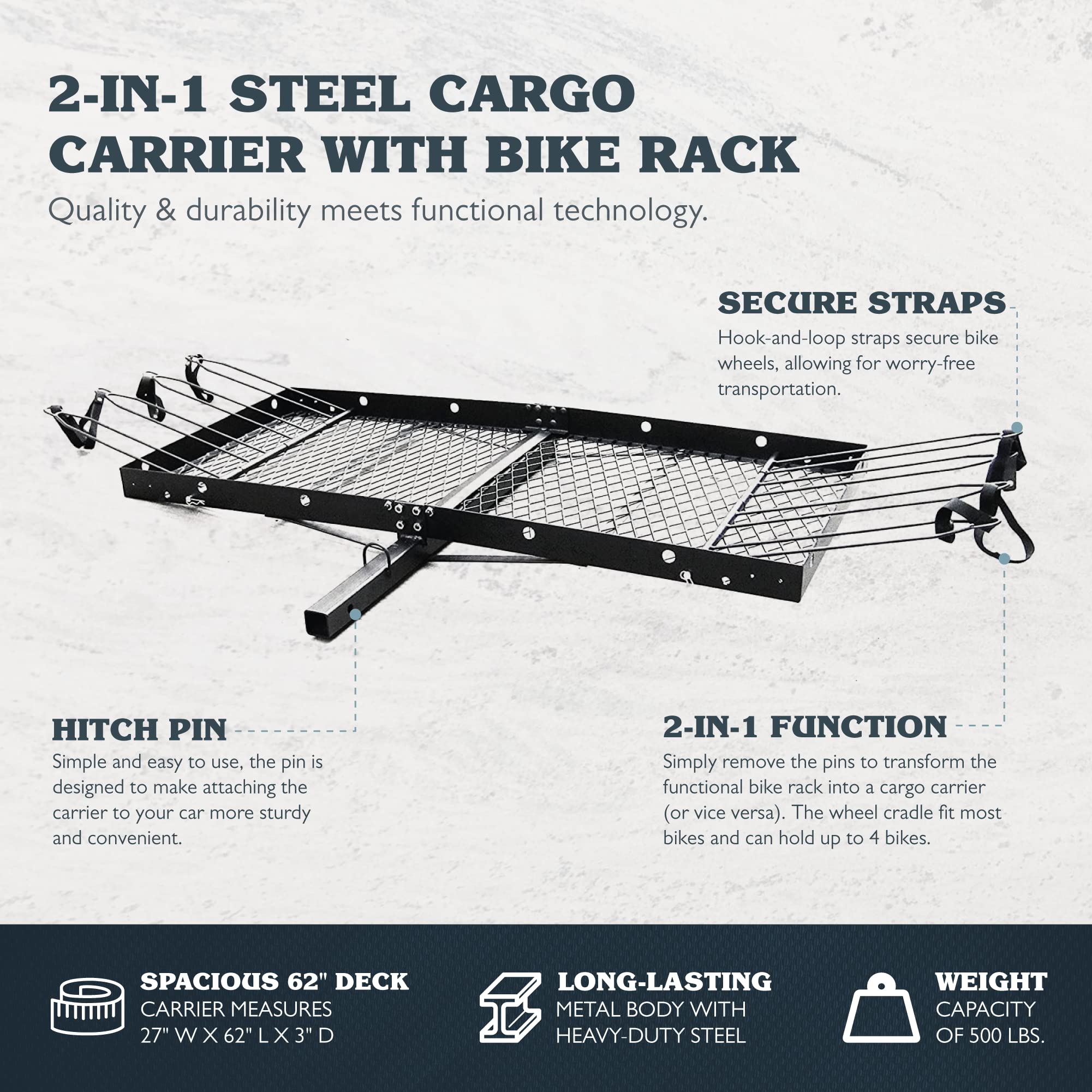 Tow Tuff Steel Cargo Carrier with 4-Bike Rack, 500 lb Capacity, 27"x62", Fits 2" Receiver, Black, Model TTF-2762KR