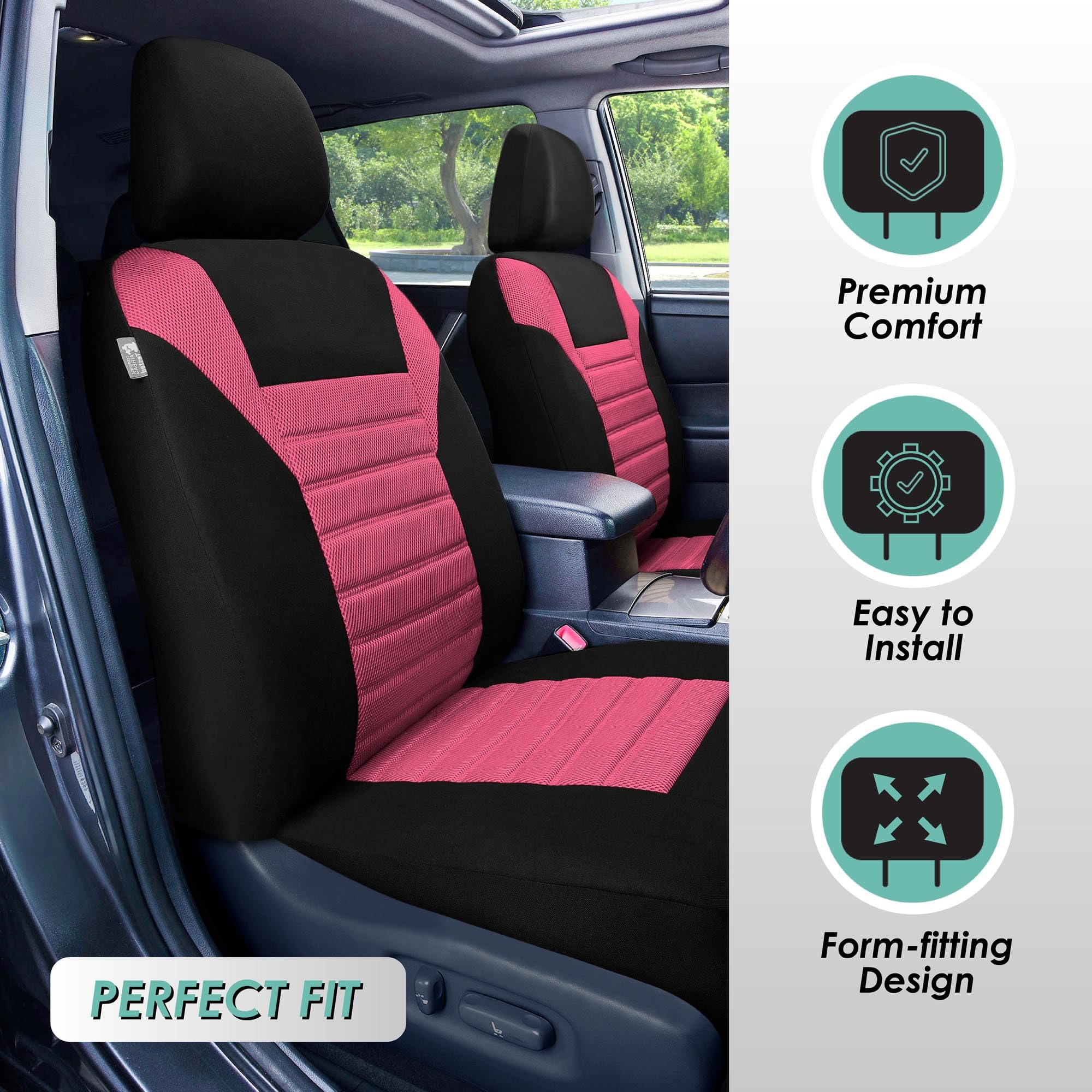 Fh Group Automotive Car Seat Covers Full Set Premium 3D Air Mesh Pink And Black Seat Covers, Airbag Compatible And Split Bench C