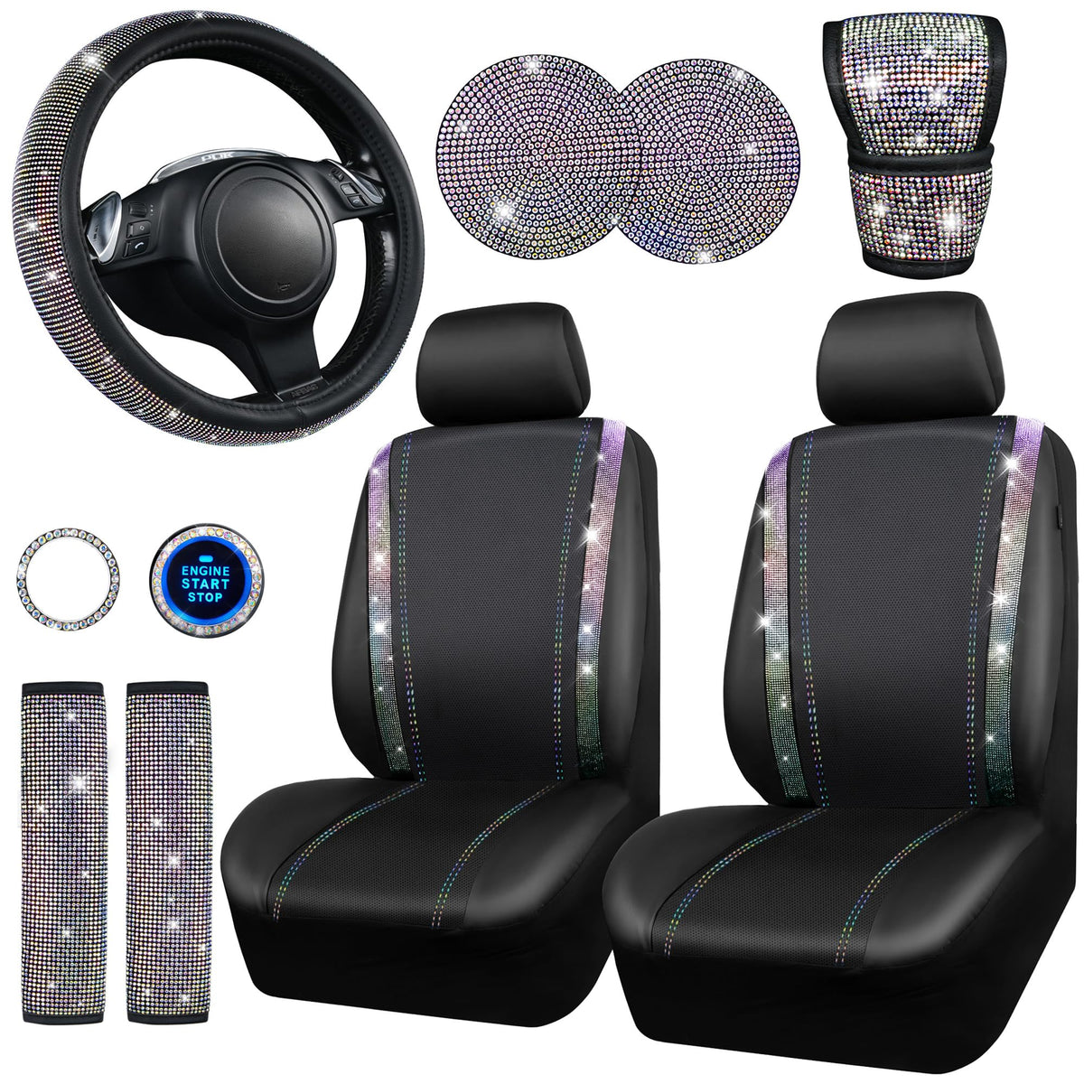 Car Pass Leather Diamond Bling Seat Covers Sets 12Pcs Bling Car Accessories Set For Women, Sparkly Rhinestone Steering Wheel Cov