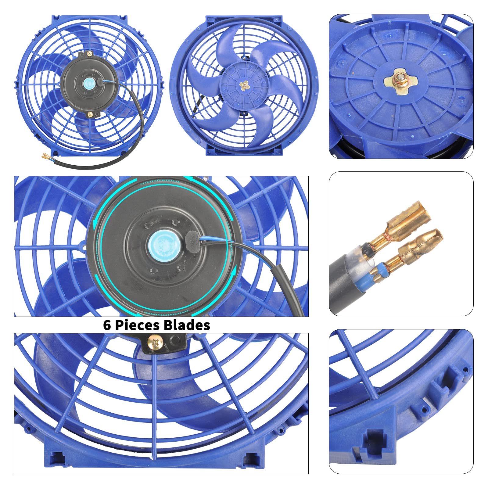 Fgjqefg 10 Inch Universal Slim Fan Push Pull Electric Radiator 12V 80W High Performance Cooling Fan Mount Kit Blue 2 Pcs
