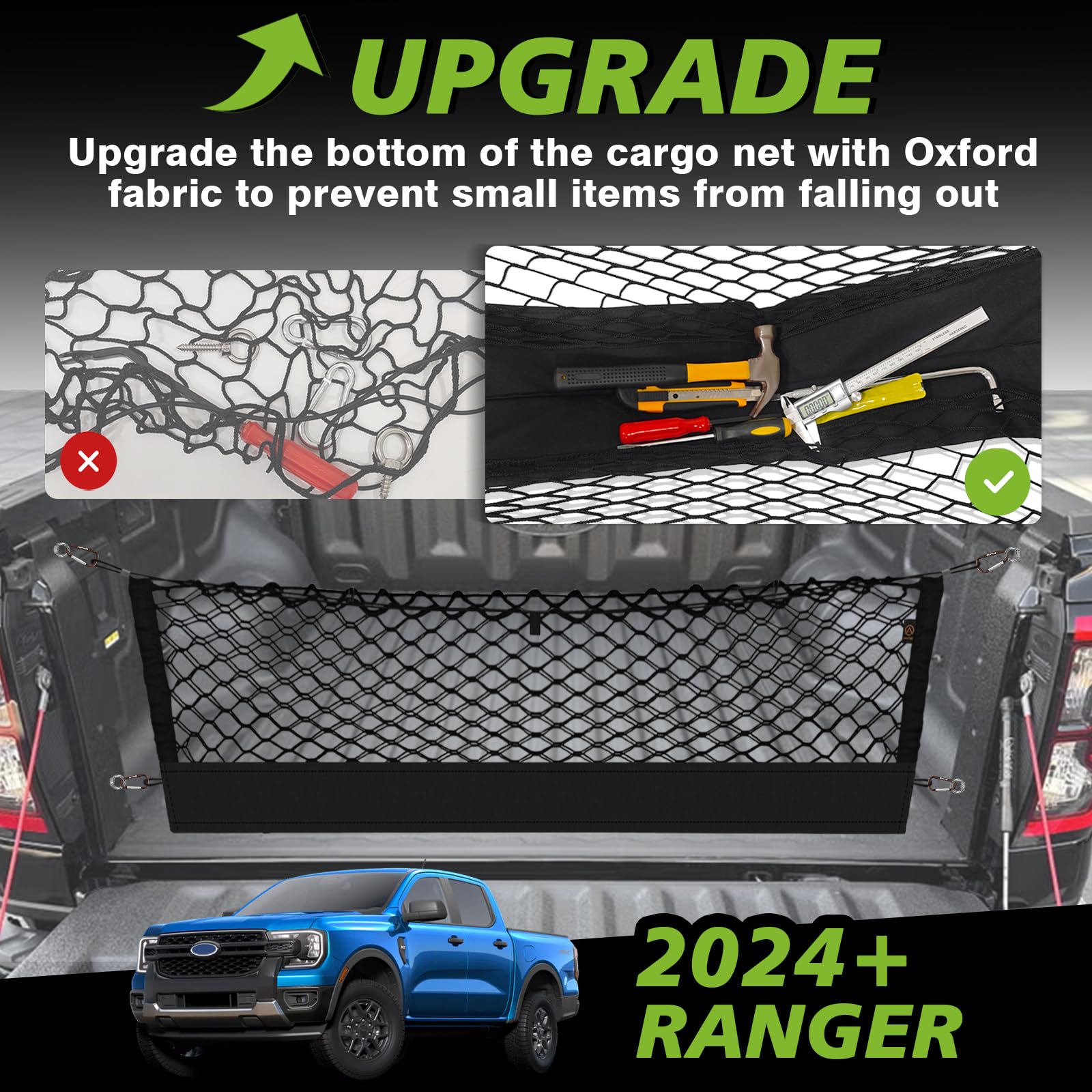 Muslogy Truck Bed Cargo Net Compatible With Ford Ranger 2024 2025 Accessories Storage Organizer Pickup Truck Bed Envelope Style