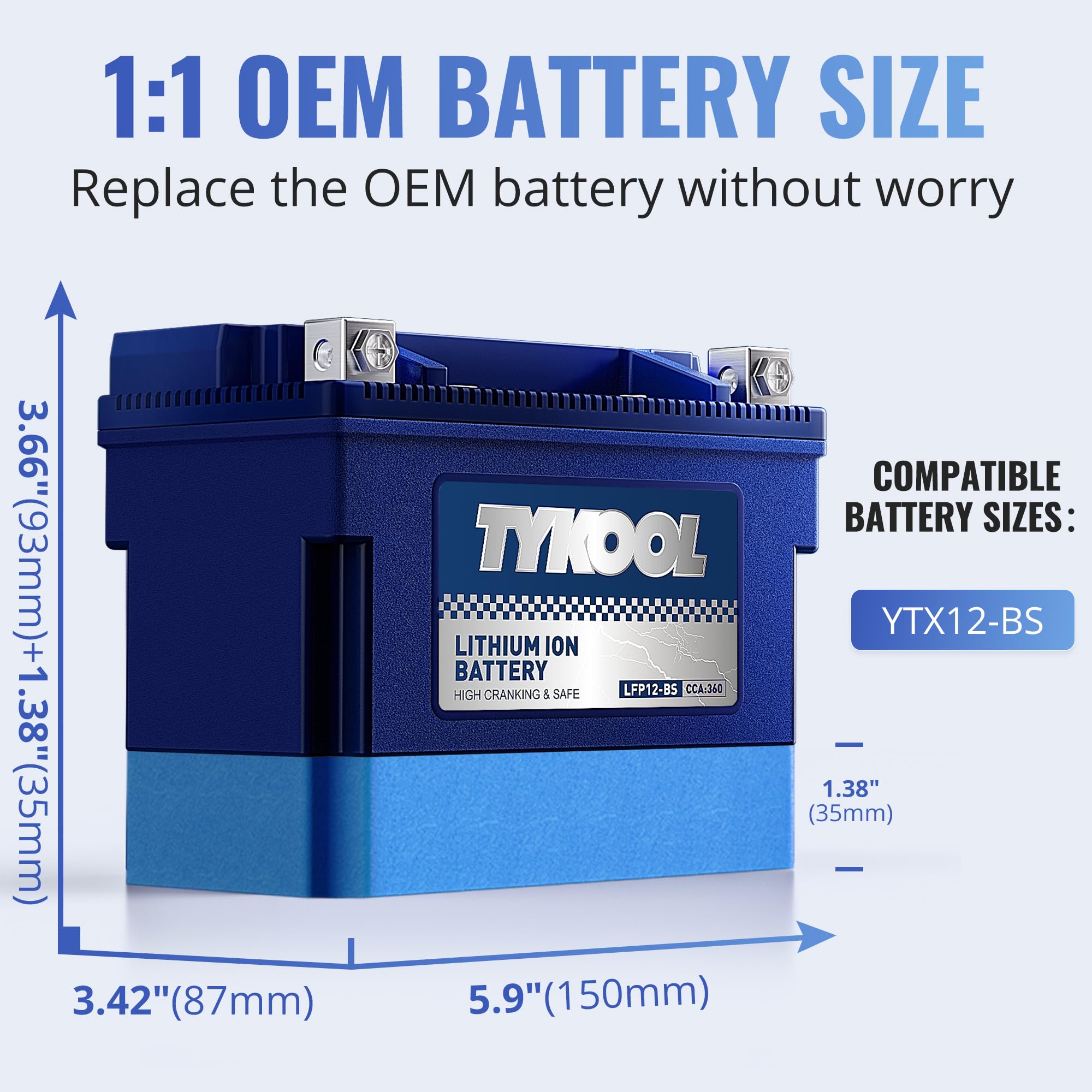 Ytx12-Bs High Performance Lifepo4 Lithium Motorcycle Battery,360Cca,12V 6Ah,Digital Readout,Fits For Honda Trx250 Recon,Suzuki L
