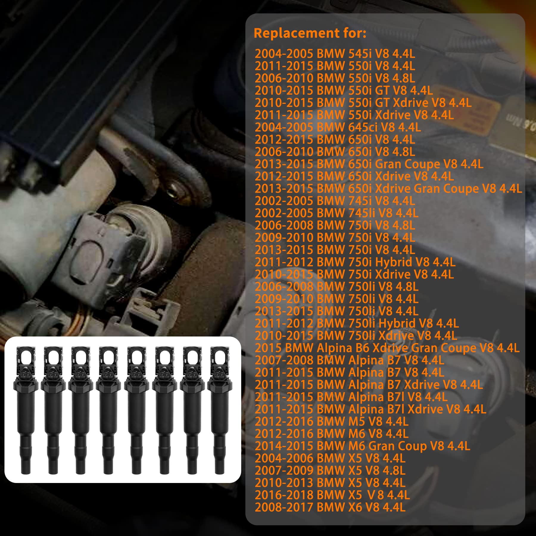 Ignition Coil Pack 8Pcs Compatible With Bmw 545I 550I 645Ci 650I 745I 750I 750Li Alpina B6 B7 M5 M6 X5 X6 4.4L 4.8L Replaces# 0221504470, Uf-592
