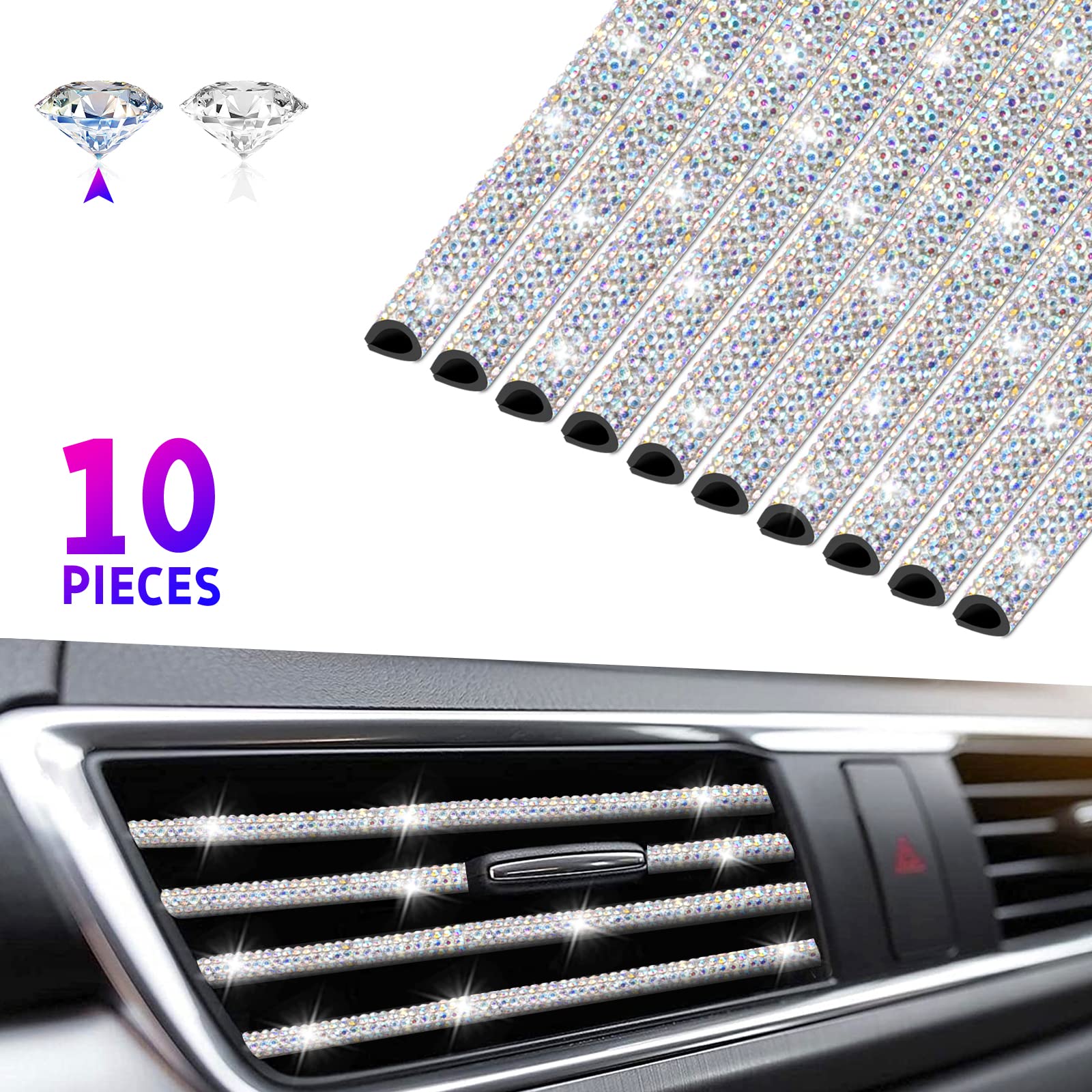 Bling Car Vent Outlet Trim - 10Pcs Rhinestone Car Air Conditioner Vent Decoration Strip (Multicolor)