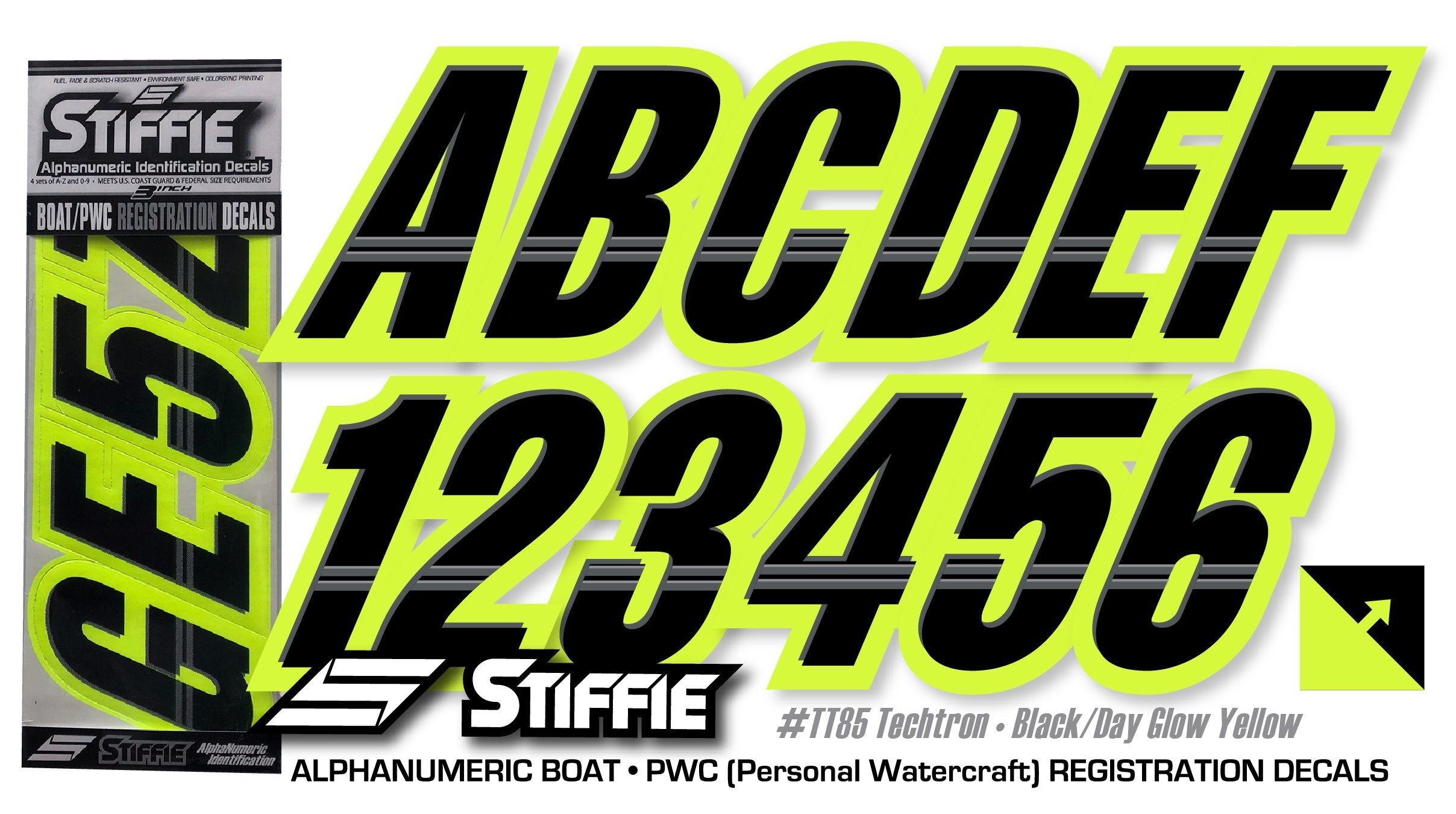 Stiffie Techtron Black/Day Glow Yellow 3 '' Boat & Pwc Registration Decals  Numbers Letters Stickers