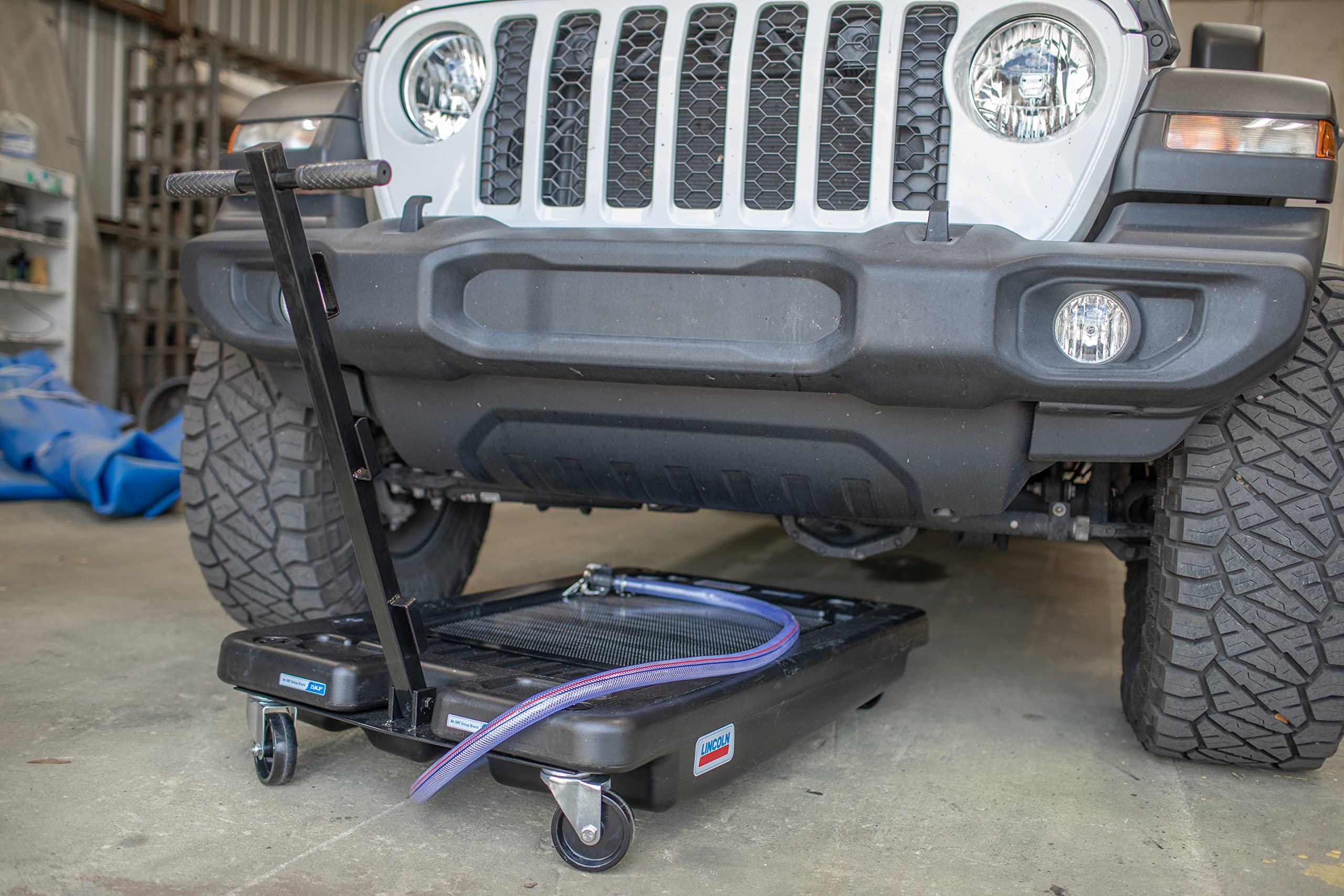 Lincoln 3665 17 Gallon Low Profile Truck Drain For Collection Of Used Fluids, 7.75 In. Tall With 6 Ft. Discharge Hose With 3/4 I