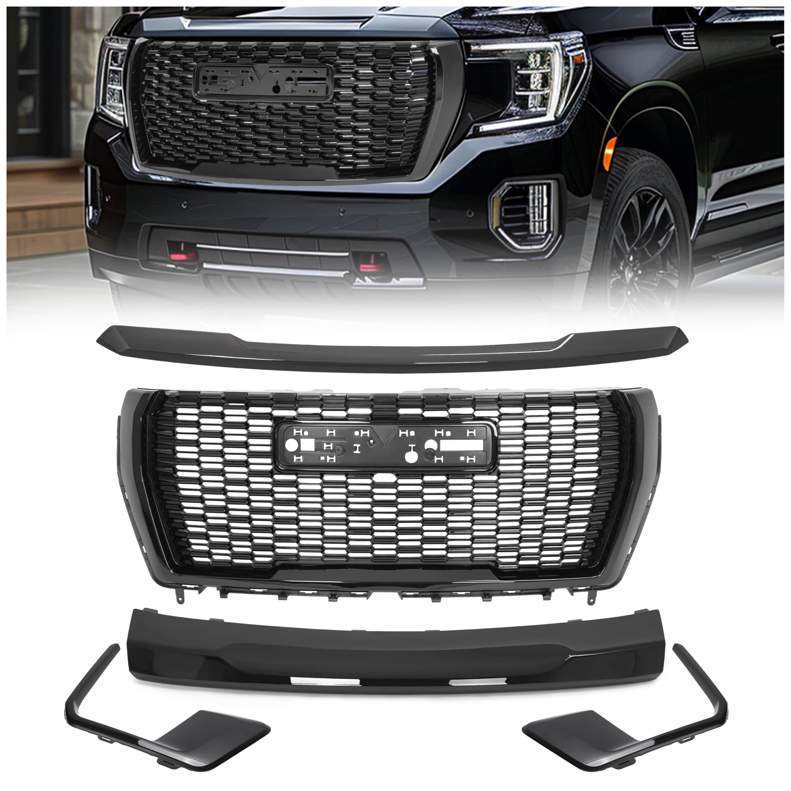 HECASA Grille+Hood Molding+Fog Light Molding+Front Bumper Valance Panel Compatible with 2021-2024 GMC Yukon/Yukon XL Plastic(ABS