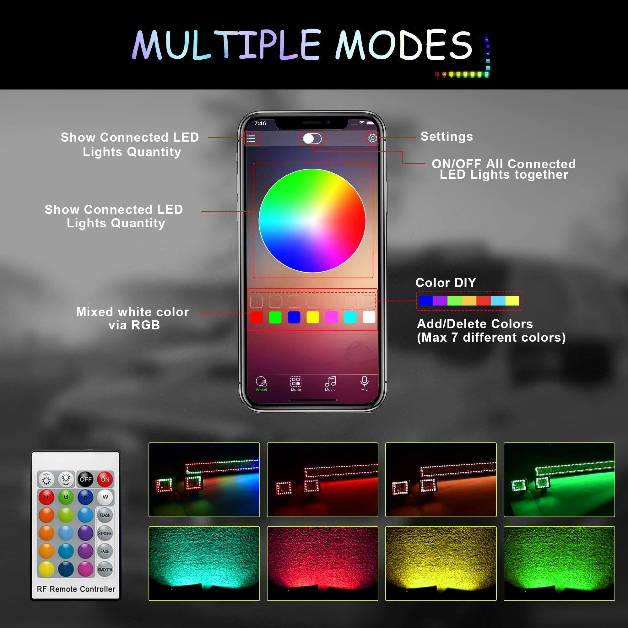 Feelon 52' Curved Rgb Led Light Bar 2X 4' Flood Led Pods With Chasing Rgb Halo 16 Solid Colors Offroad Driving Fog Lights With Switch Wiring Harness