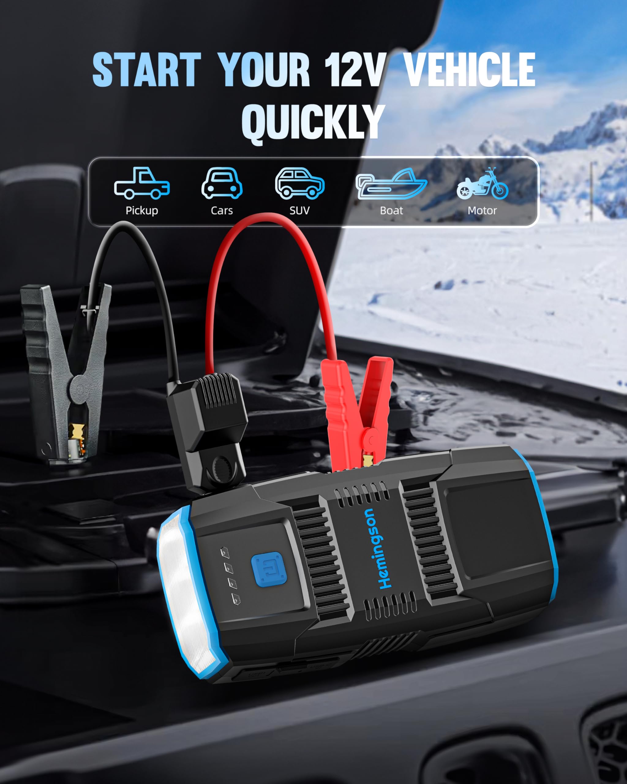 Car Jump Starter, HEMINGSON 2000A Peak Battery Jump Starter Portable 12V Jump Box for Vehicles 7.0L Gas and 5.5L Diesel Engines