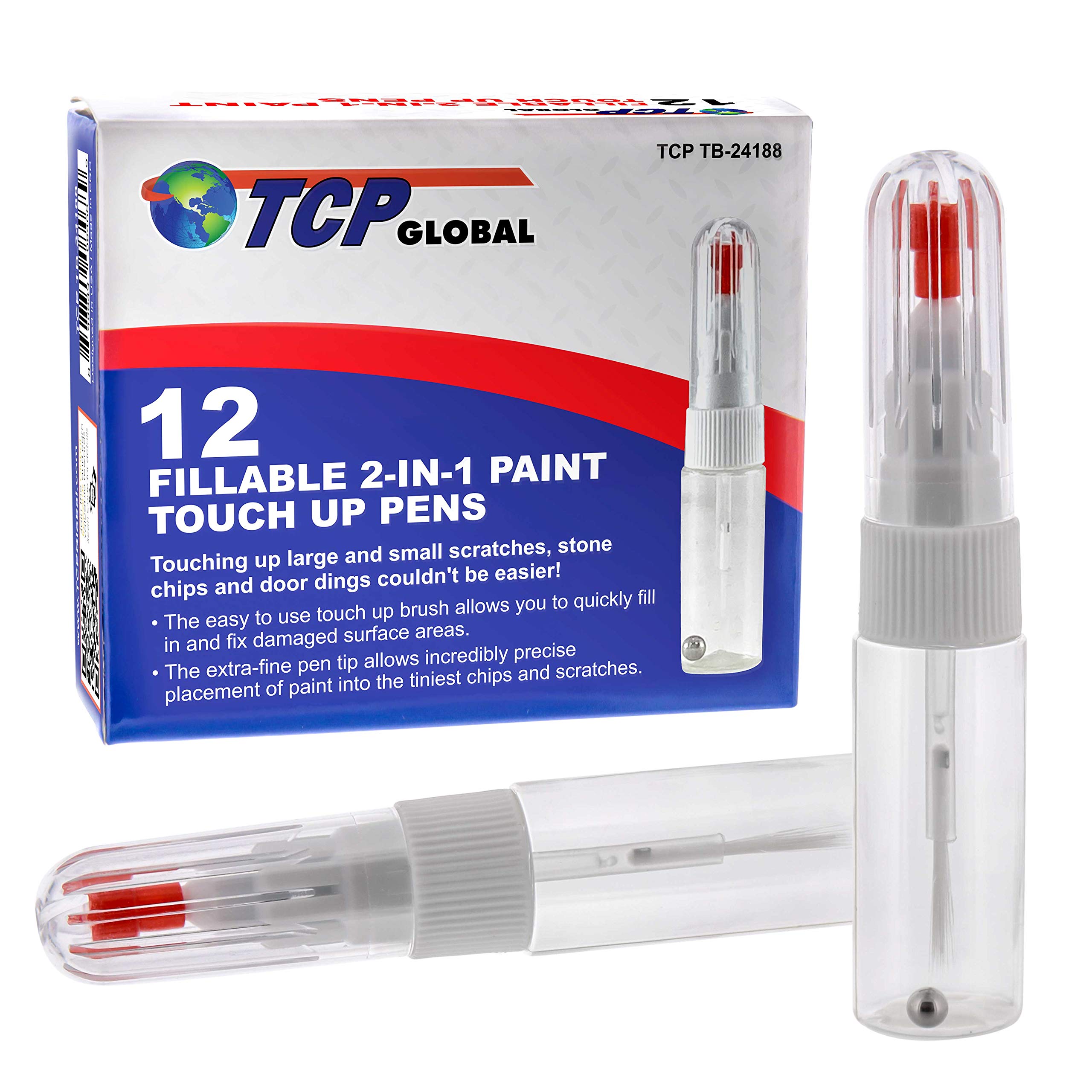 TCP Global Fillable 2-in-1 Paint Touch-Up Applicator Pens (Box of 12) - Precision Fine Tip Writer Pen Brush - 10ml Bottle, Mixin