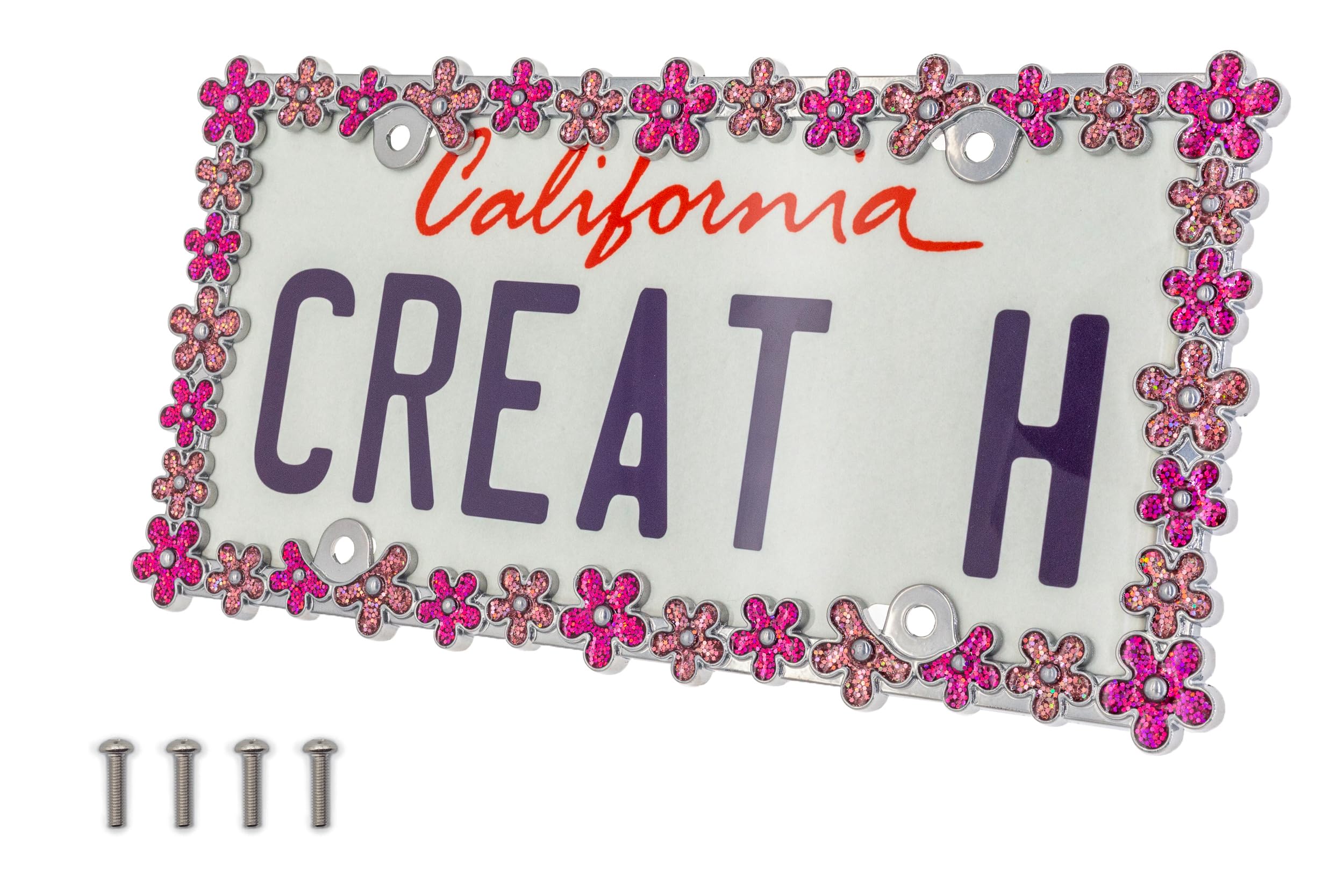 Creathome 3D Shining Daisy Wrenth License Plate Frame From Pure Zinc Alloy Metal Perfect Plate Holder, Chrome With Pink Glitter