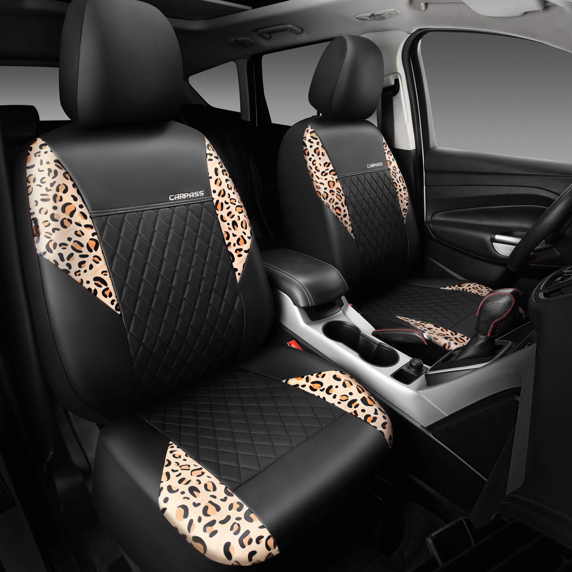 Car Pass Leather Leopard Two Front Seat Cover Only, Universal Quilting Waterproof Deluxe Pu Premium Vinyl Luxury Car Seat Cover