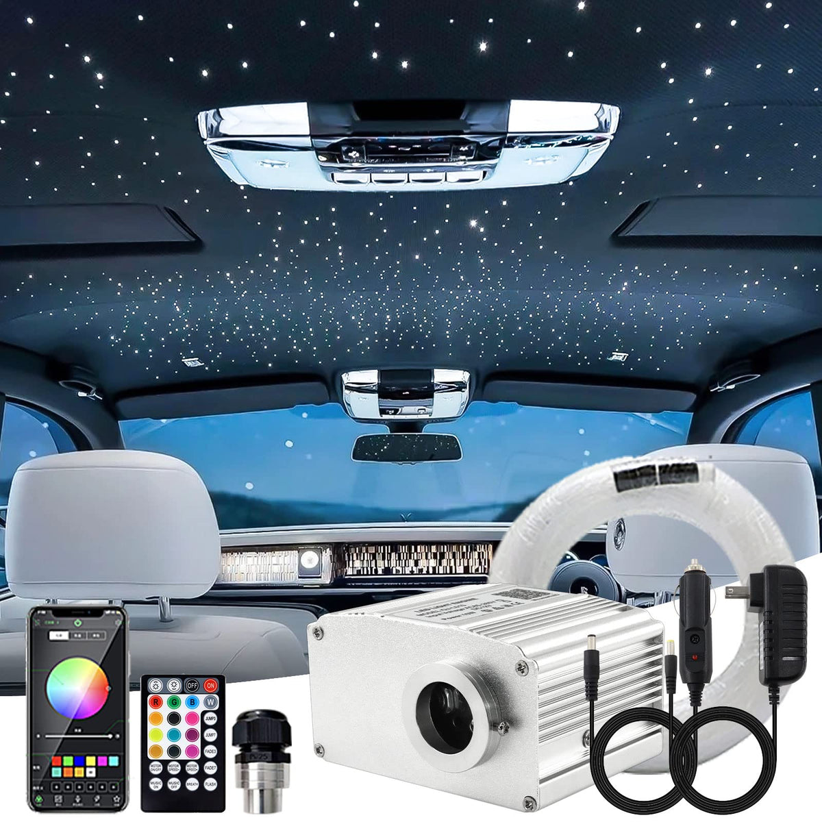 Atokee Starlight Headliner Kit, 10W Twinkle Fiber Optic Light Kit For Car Home Ceiling Use, 295Pcs Of (0.03In+0.04In+0.06In)*9.8Ft Car Interior Roof Star Lights With App/Remote Music Control