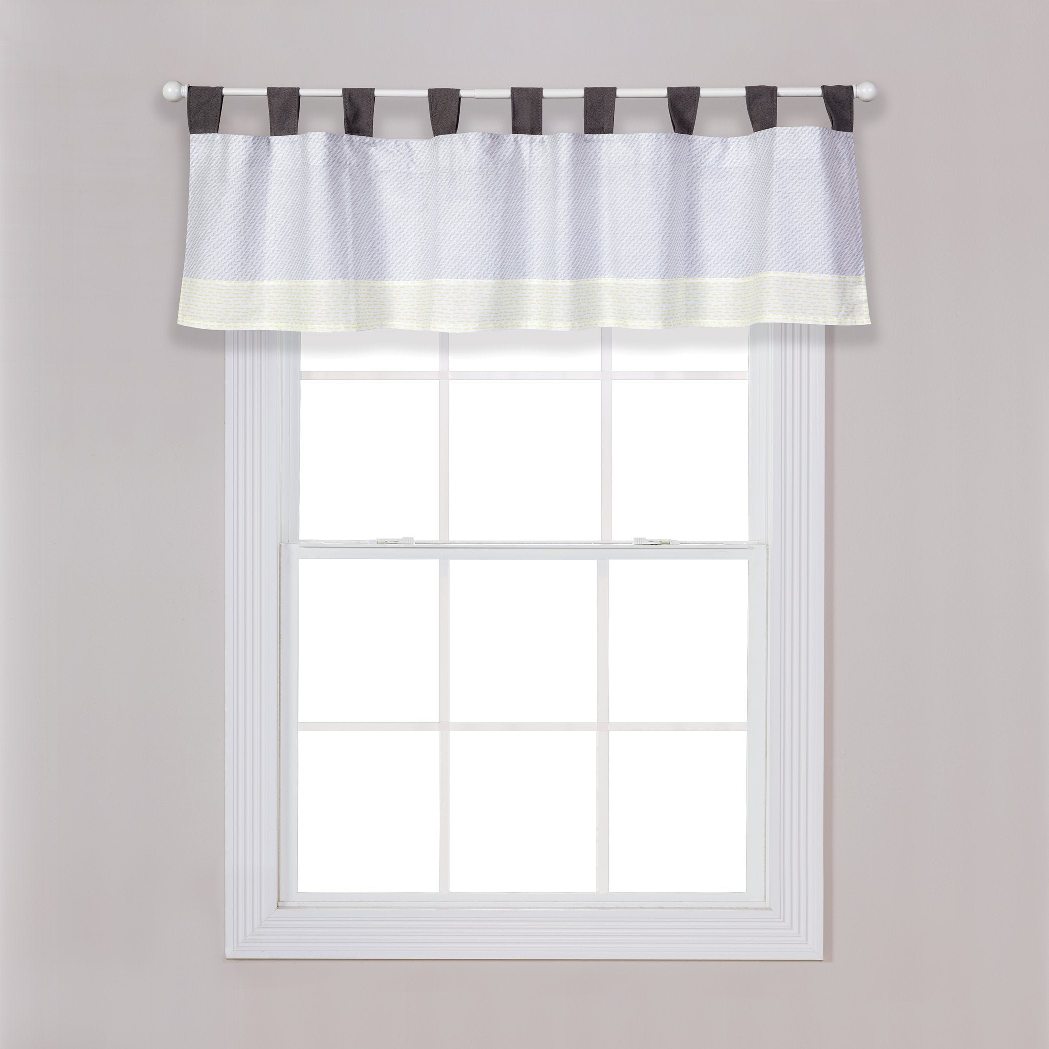 Farm Stack Window Valance - Tire Tread Body, Dash Border, Solid Tabs, Tab Top, Gray And Green, 56 In X 15 In