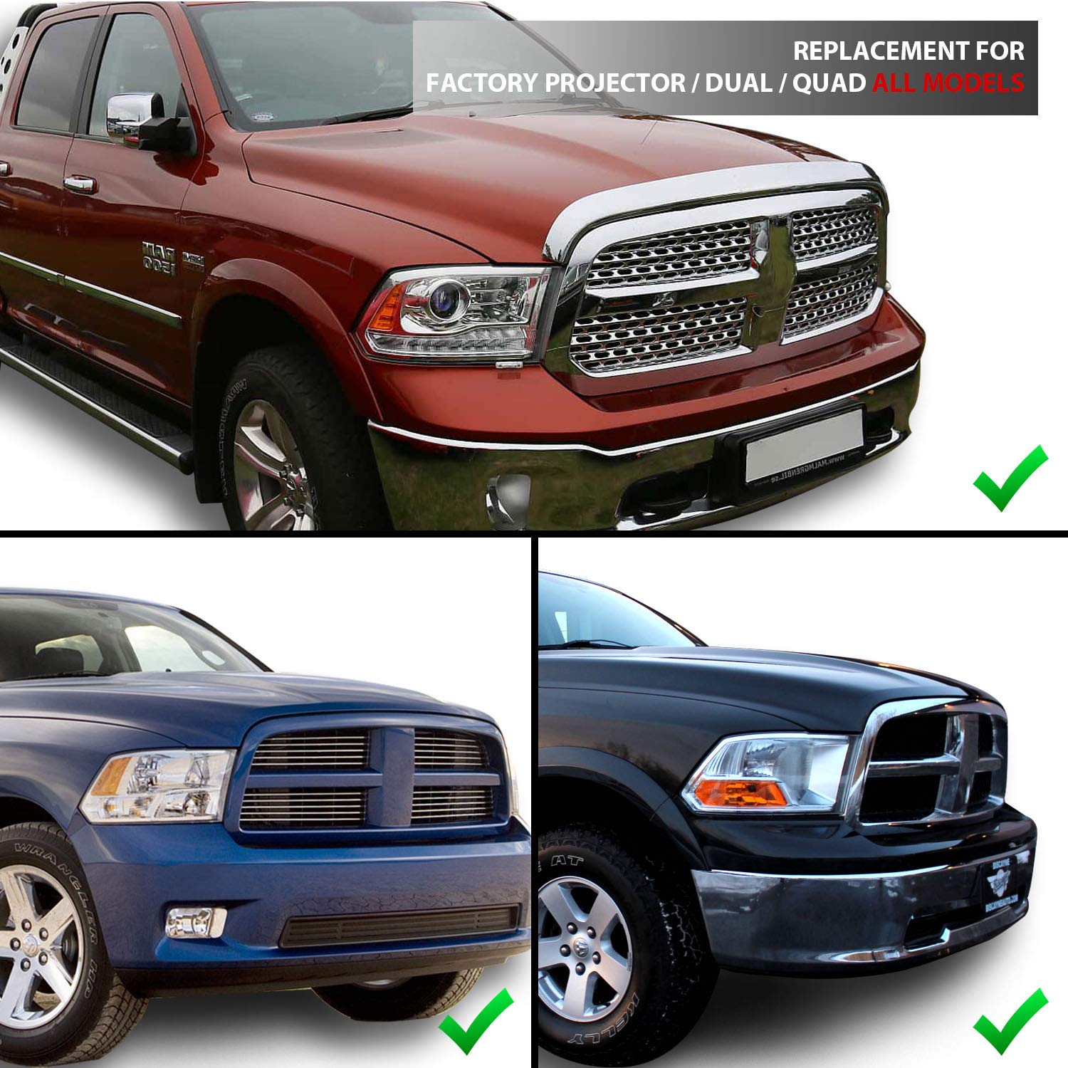 Amerilite For 2009-2018 Dodge Ram 1500 2500 3500 Dual/Projector Models Switchback Led Tube Matte Black Replacement Headlight Ass