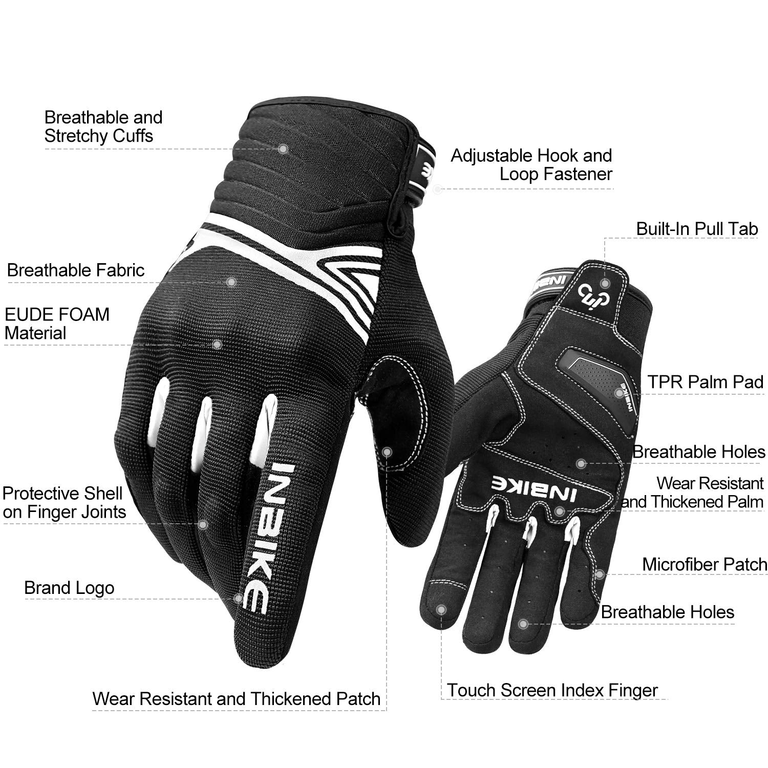 Inbike Breathable Mesh Motorcycle Gloves Touchscreen With Tpr Palm Pad Hard Knuckles Black White X-Large