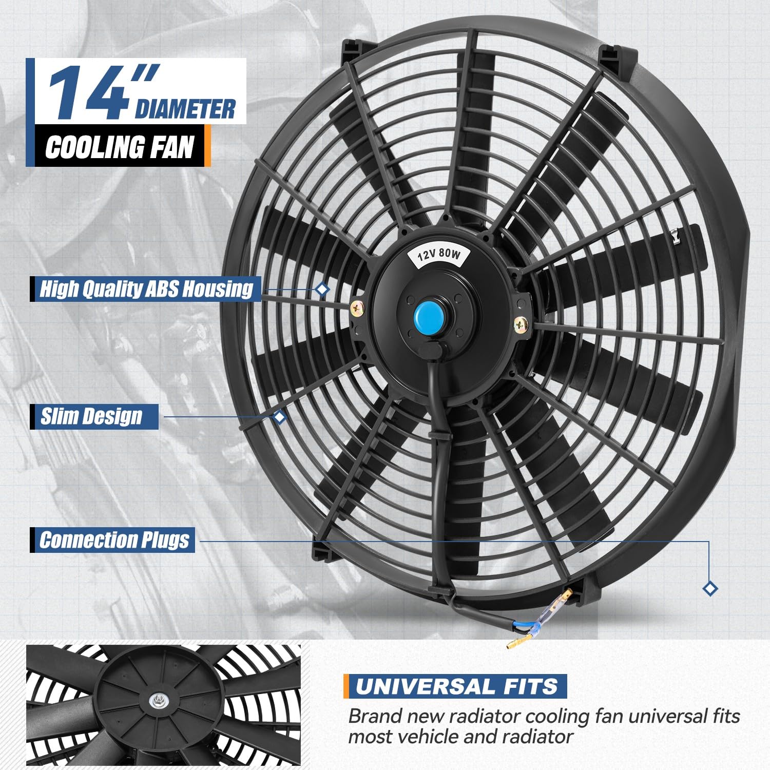 Auto Dynasty Universal 14 Inches High Performance Electric Slim Radiator Cooling Fan With Mounting Kit, (Pack Of 2) 12V, Black