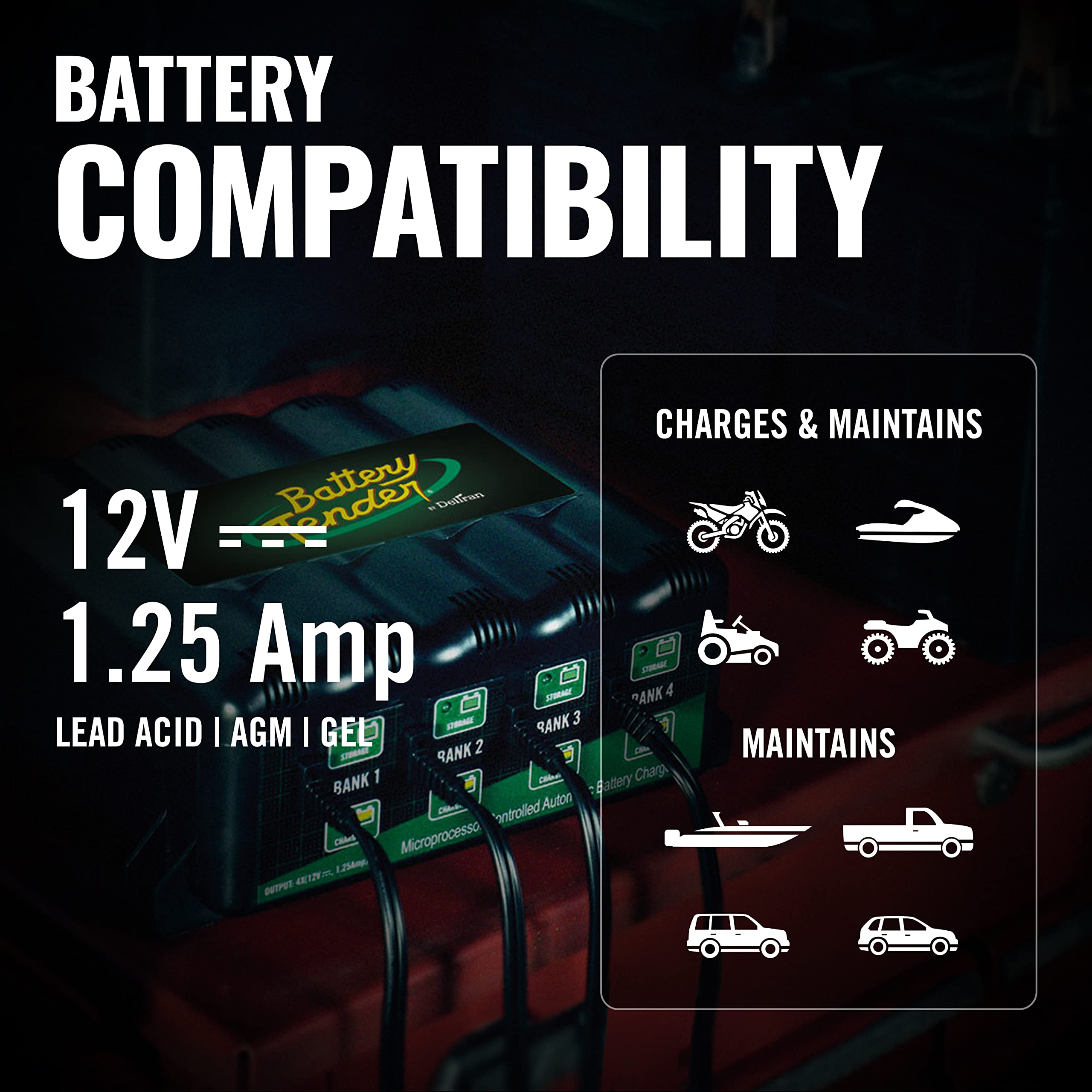 Battery Tender 4 Bank Multibank Charger - 5 Amp (1.25 Amps Per Bank) - Smart 12V Multi Battery Charger And Maintainer - 022-0148