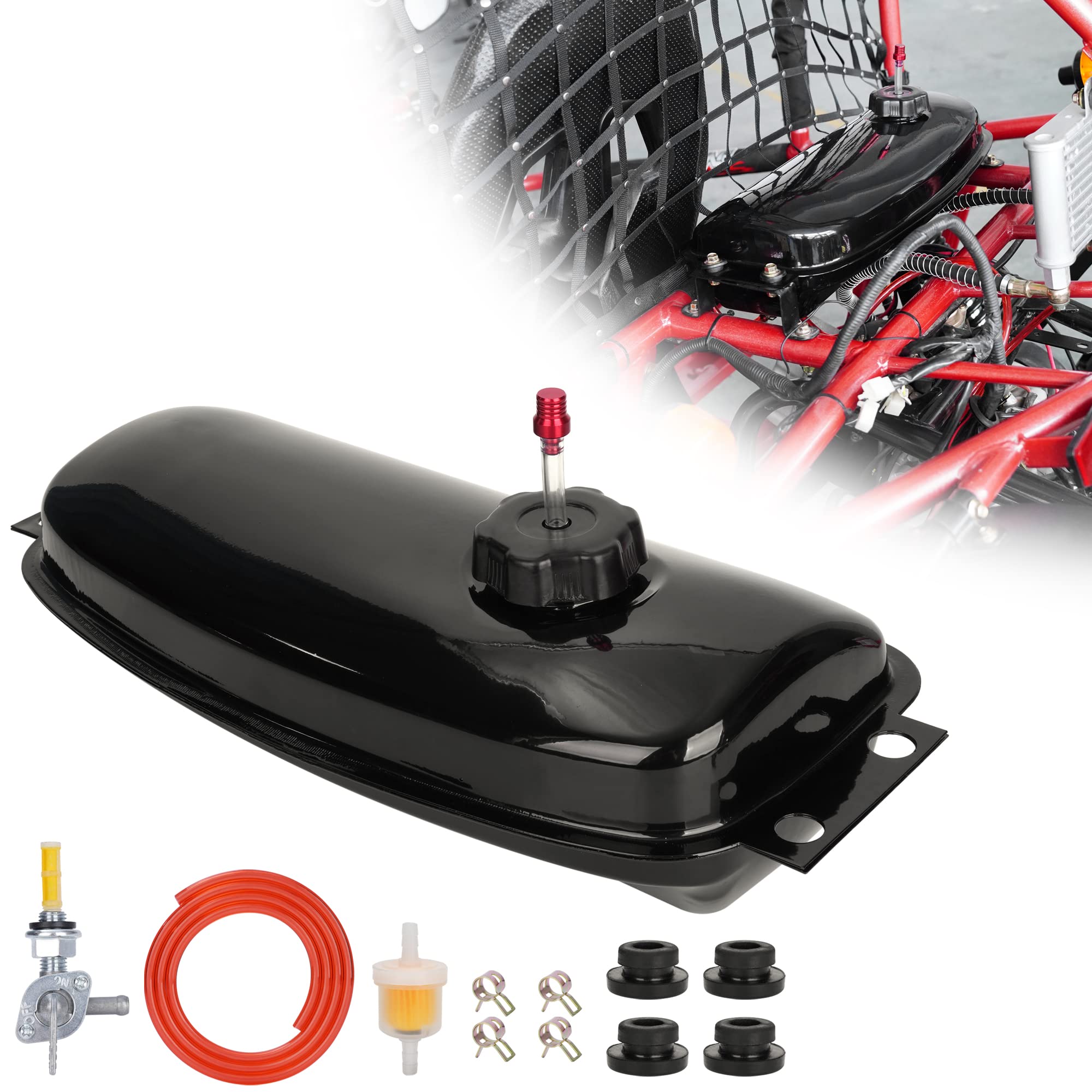 Gas Fuel Tank with Cap Petcock Vent Tube Fuel Filter Line, Sturdy for 150cc 250cc Hammerhead TrailMaster GTS KT Rave SS150 SS250