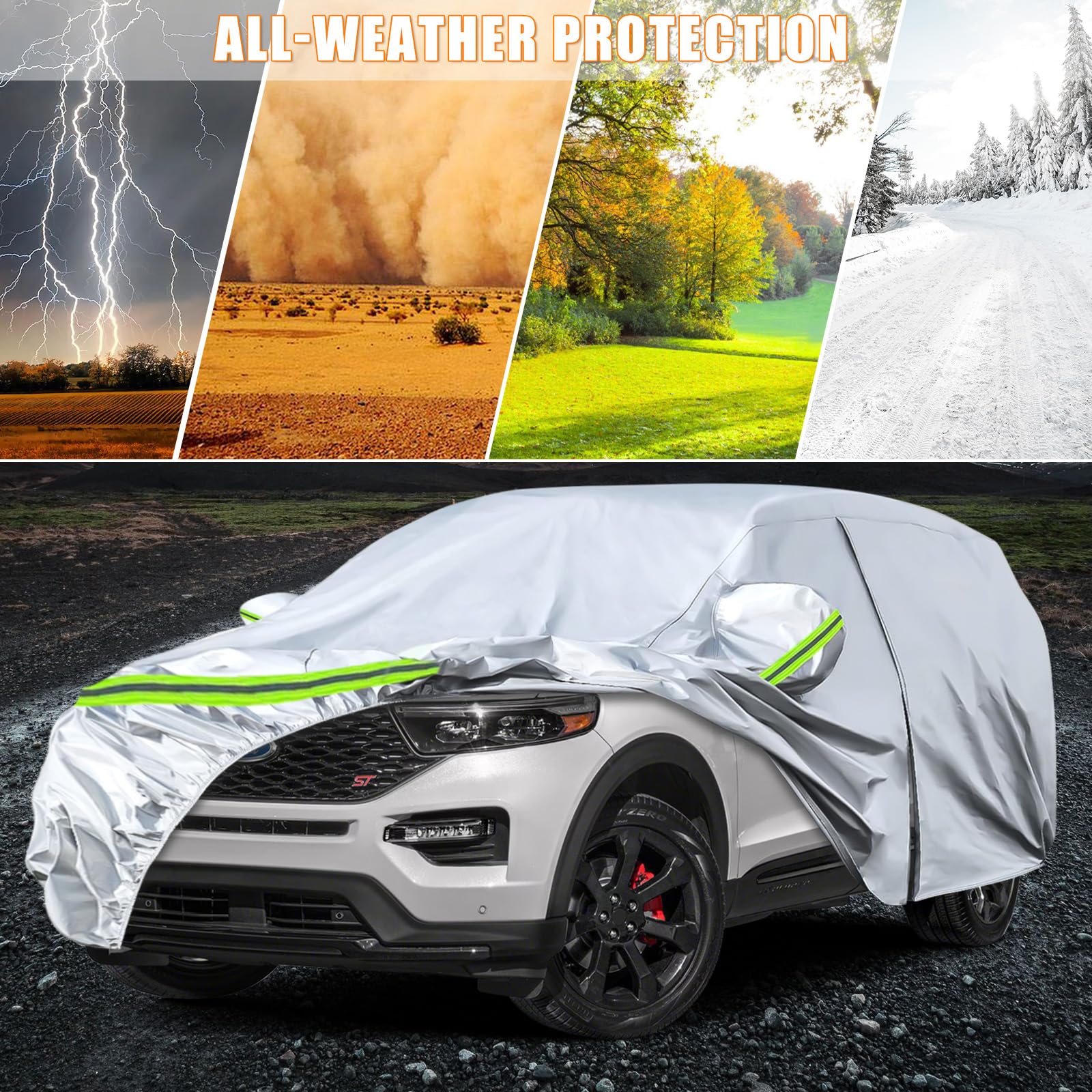 Waterproof Car Covers Replace For 2011-2025 Ford Explorer, 6 Layers Silver All Weather Car Cover With Zipper Door & Windproof Ba