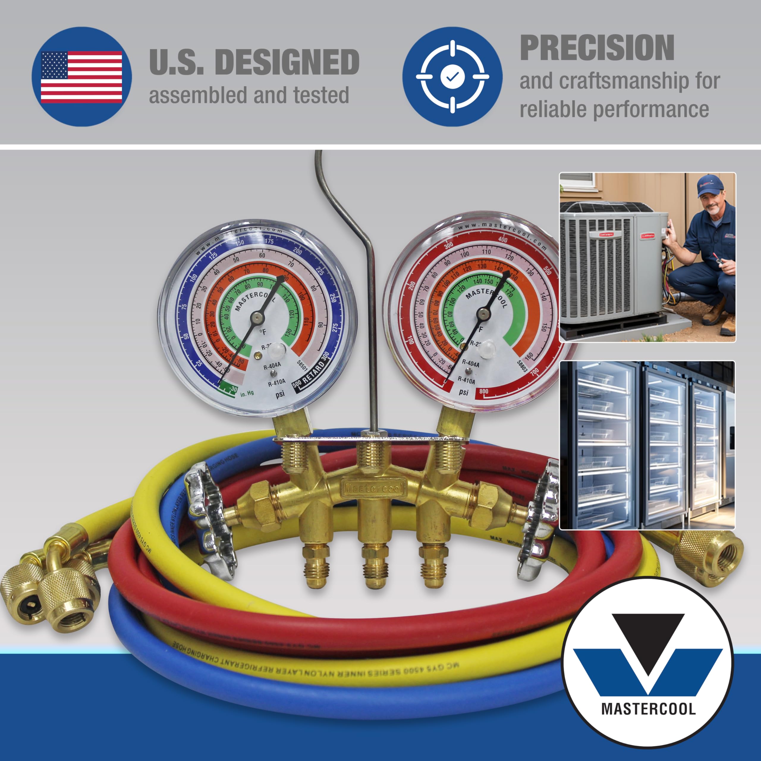 Mastercool 59136 2-Way Heavy Duty Brass Manifold Gauge Set With 3 1/8'' Silicone-Dampened Gauges And 1/4'' Sae Fittings For R410
