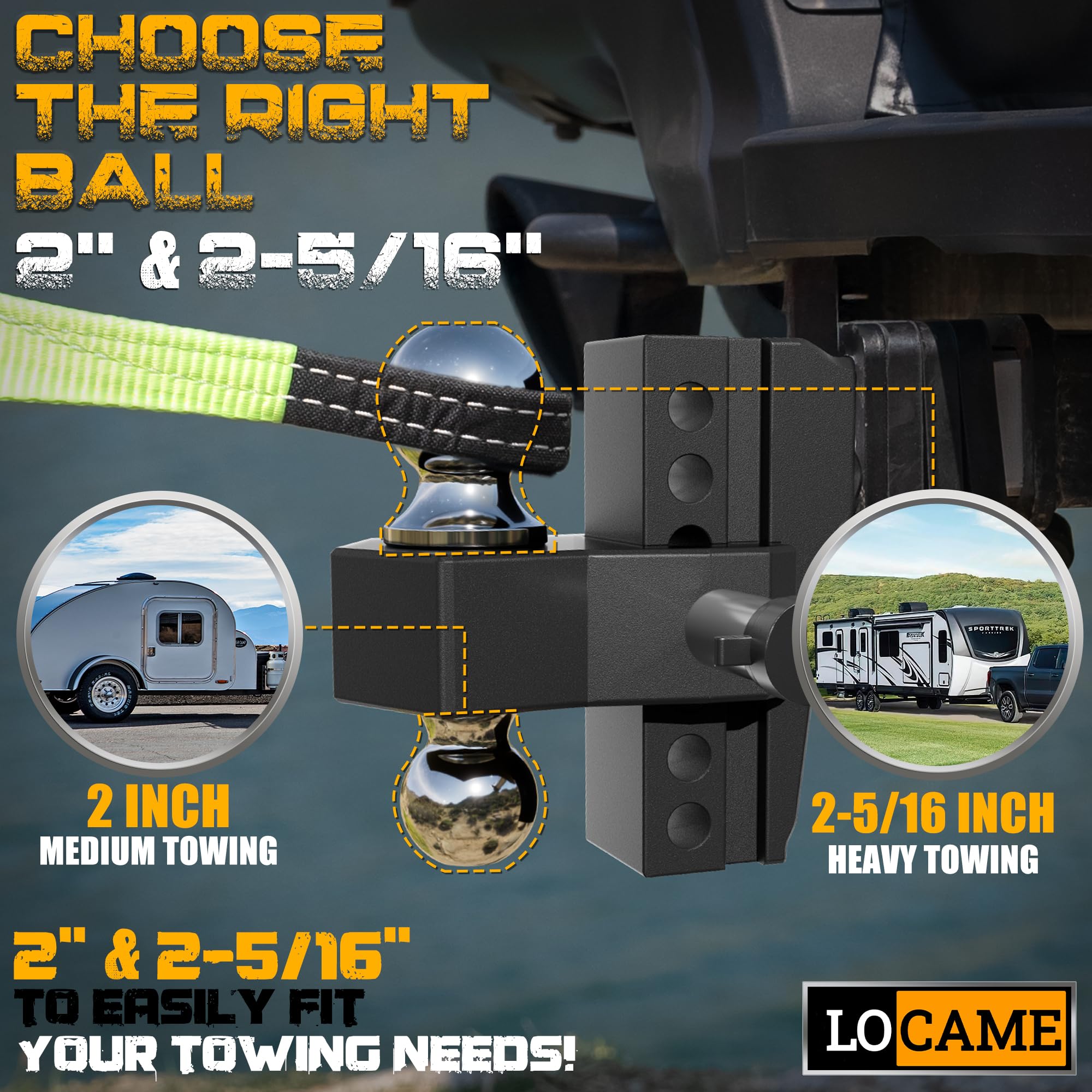 LOCAME Adjustable Trailer Hitch, 6-Inch Drop/Rise, Aluminum, 12,500 LBS GTW, Black, Model LC0024