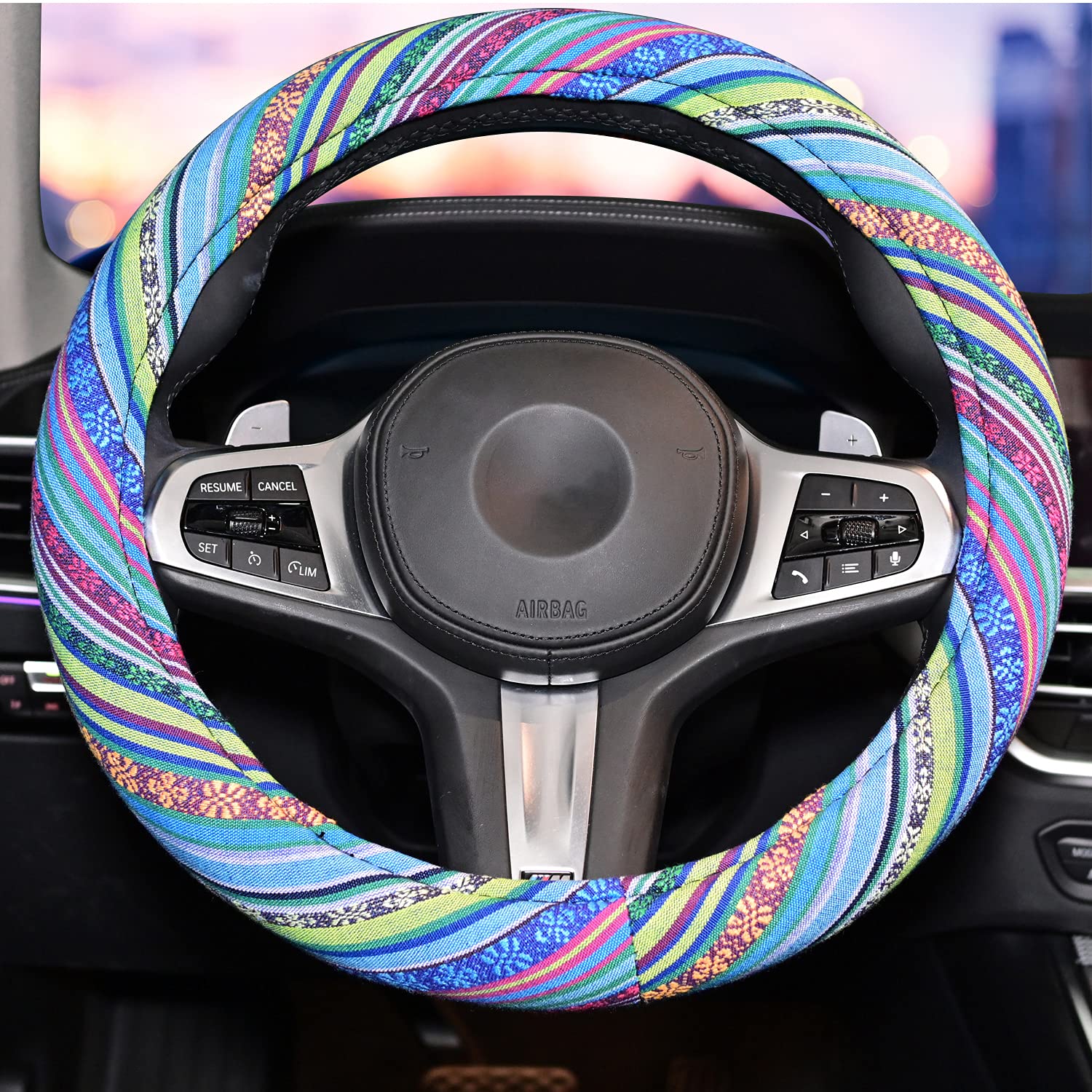 Lsauto Universal 15Inch Ethnic Style Baja Blanket Steering Wheel Cover With Coarse Flax Cloth And Sweat Absorption Anti Slip Car