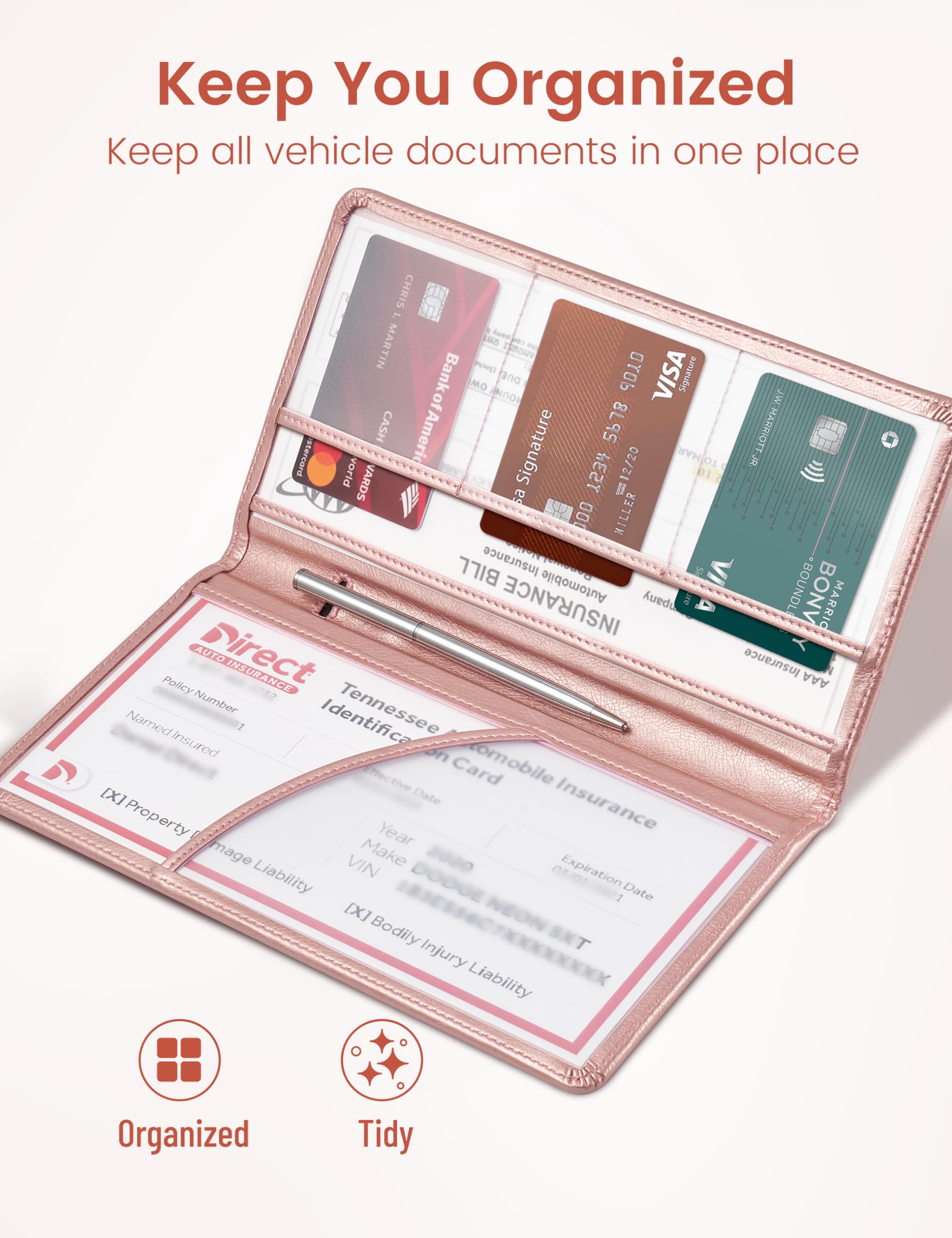 Yarnic Car Registration And Insurance Holder, Car Document Holder With Magnetic Closure, Car Accessories Wallet For Driver License, Cards And Other Essential Documents (Rose Gold)