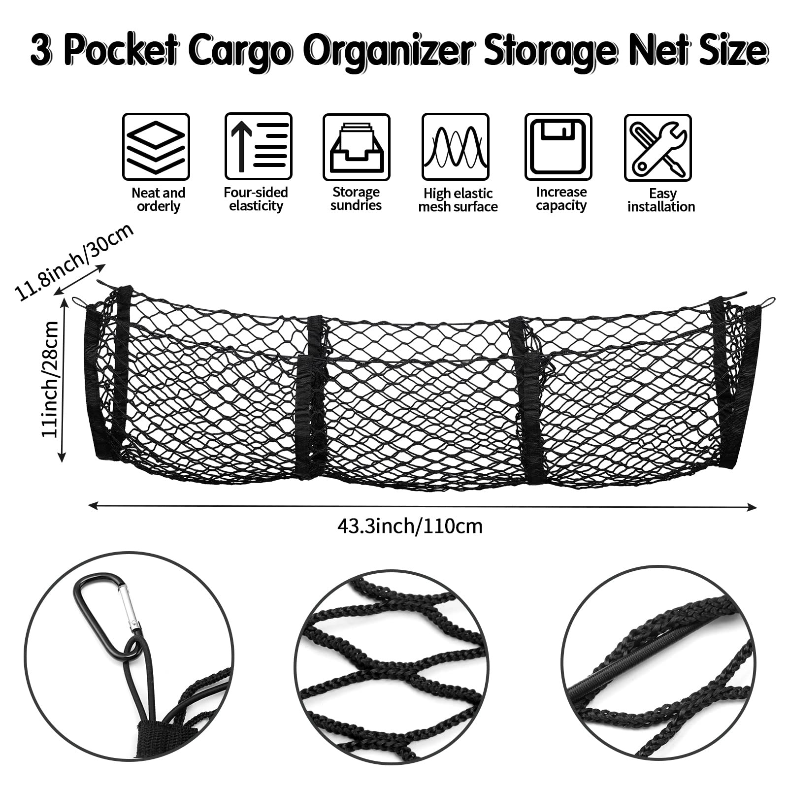 Automotive Cargo Net Stretchable And 3 Pocket Trunk Net Organizer Black Car Interior Accessories Cargo Storage Mesh Net Truck Bed Grocery Holder With Hooks Screws Buttonholes (35.4 X 15.7 Inches)