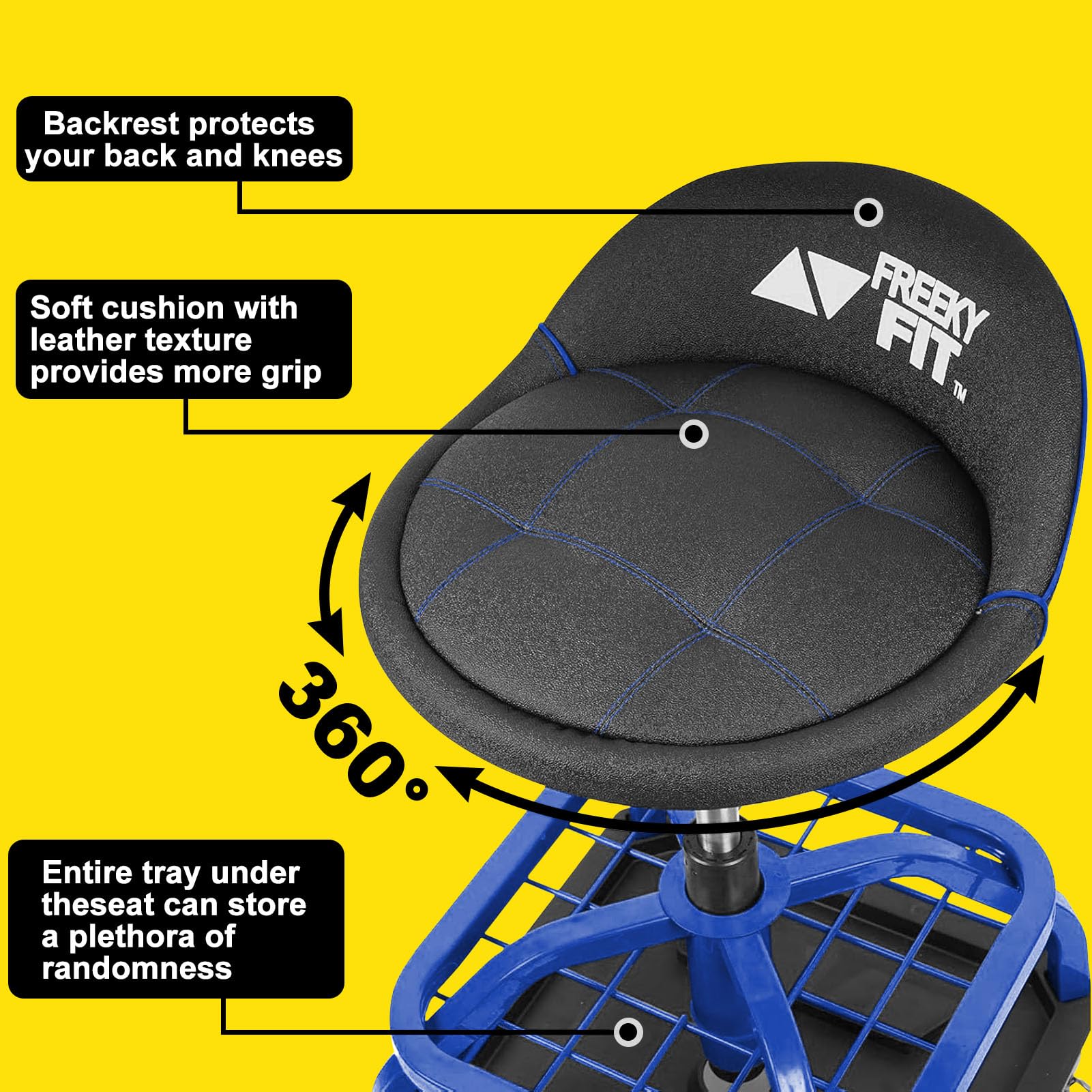 FreekyFit Rolling Stool with Blue Wheels,Heavy Duty Garage Work Mechanic Rolling Shop Stool with Backrest, Adjustable Height 360