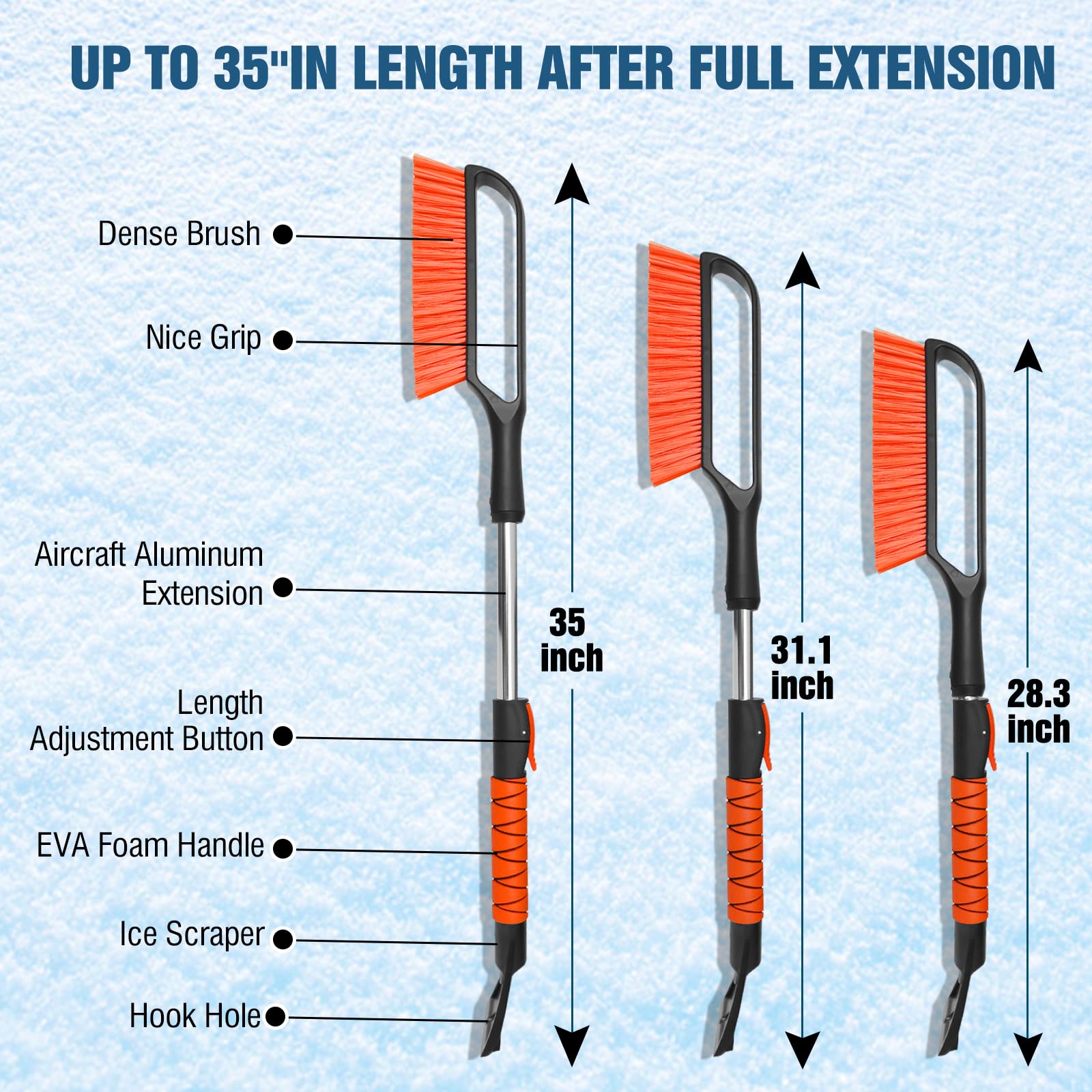YeewayVeh 35'' Ice Scraper for Car Windshield, Extendable Snow Brush with Foam Grip & Additional Handhold, 2 in 1 Detachable & S