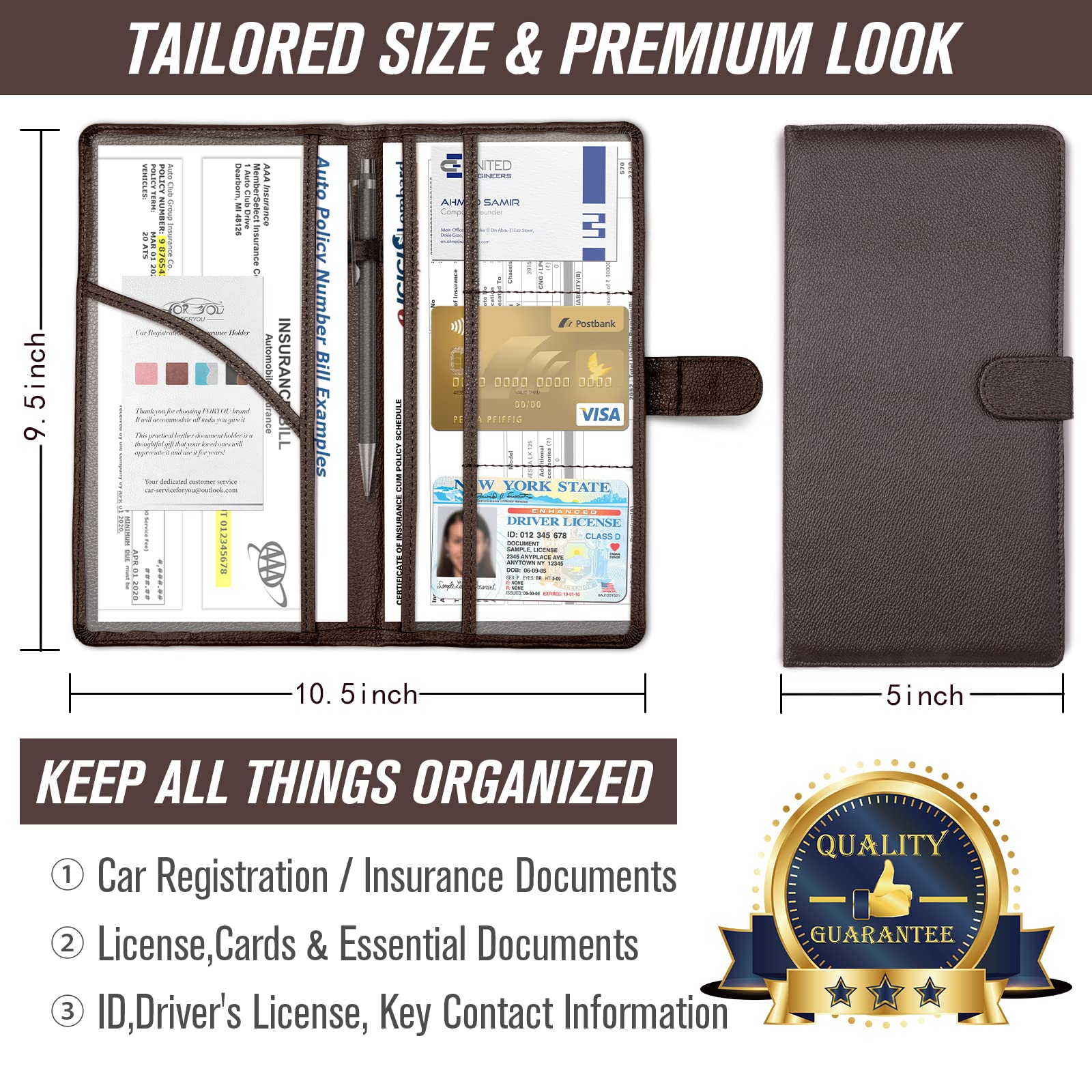 Foryou Car Registration And Insurance Holder With Magnetic Closure, Auto Truck Document Vehicle Glove Box Paperwork Organizer Wallet For Accessories Case, License, Card (Black Brown)