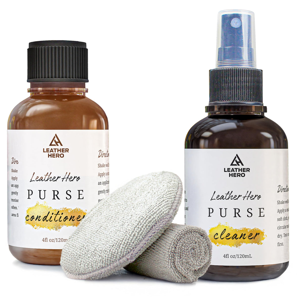 Leather Purse Cleaner & Conditioner Kit - 4pc Set with 4oz Cleaner, 4oz Conditioner, Microfiber Cloth & Applicator Sponge - Leat