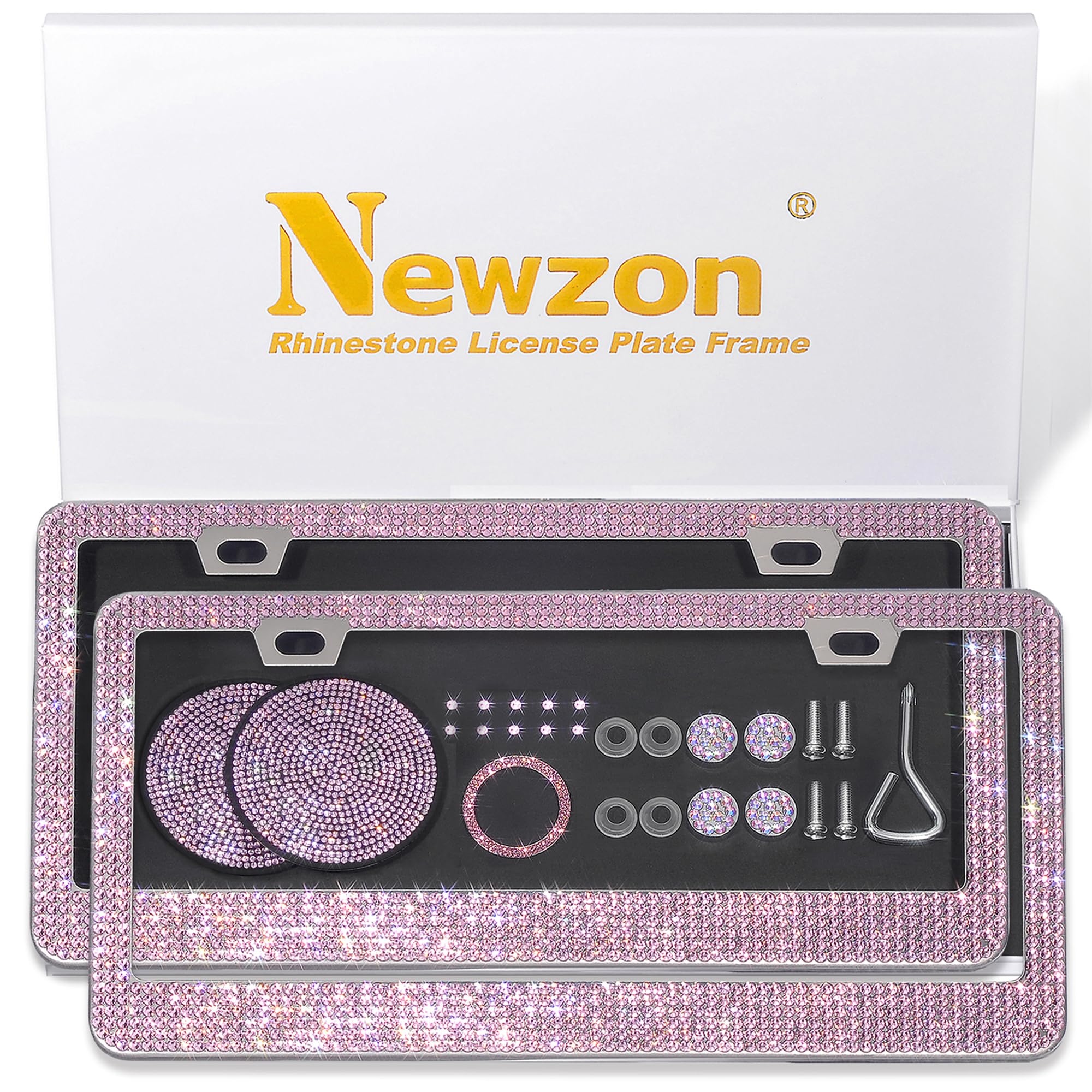 Newzon Pink Sparkly License Plate Frame For Women, 2 Pieces Pink Glitter License Plate Frame, Diamond Thickened Stainless Steel 