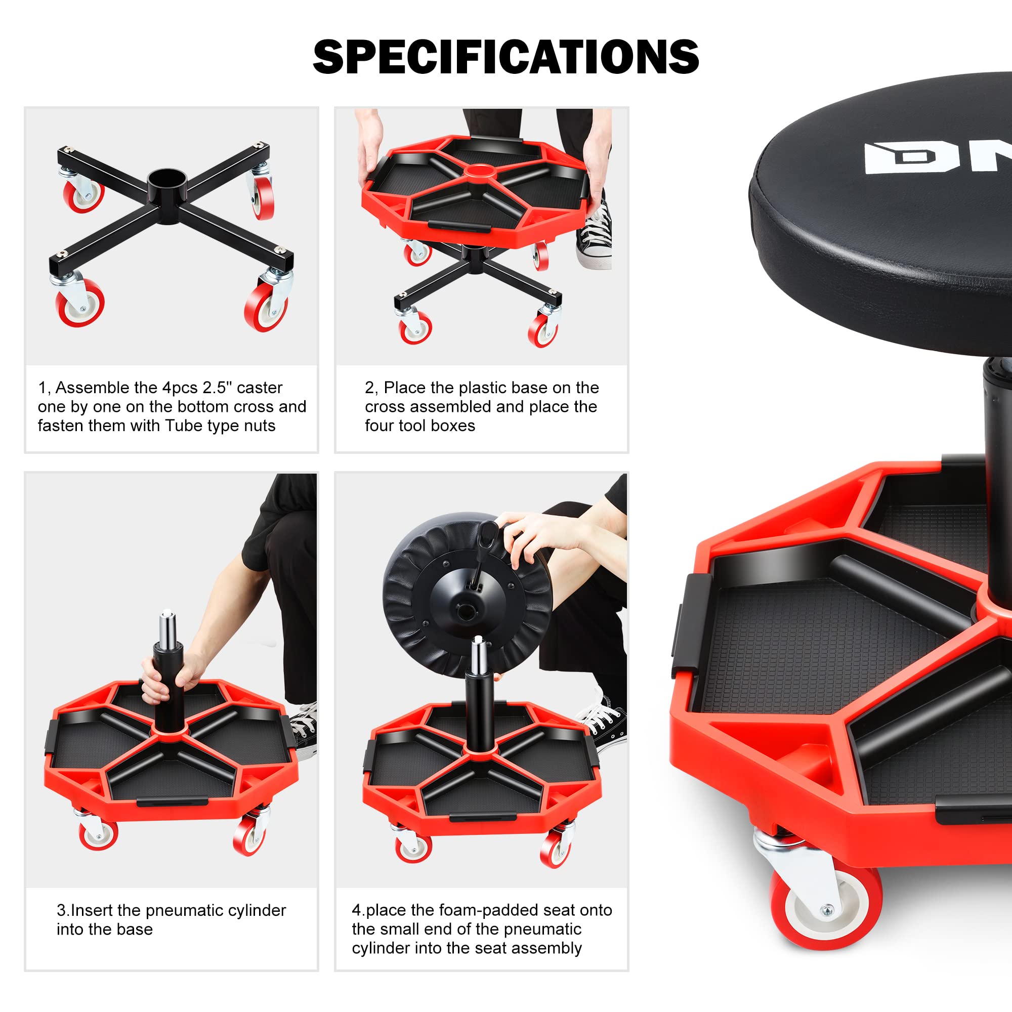 Dna Motoring Tools-00253 Adjustable Height Pneumatic Garage Seat Rolling Mechanic Stool With Tool Tray Storage,300Lbs Max Weight