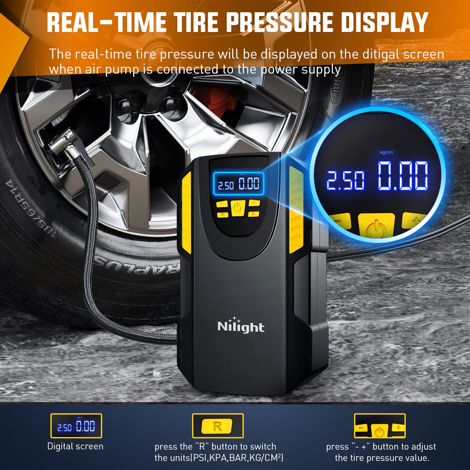 Nilight Tire Inflator Portable Air Compressor 12Vdc Car Air Pump 150Psi Digital Tire Pressure Gauge Auto Shutoff Tire Pump For Car Suv Motorcycle Bicycle Atv, 2 Year Warranty