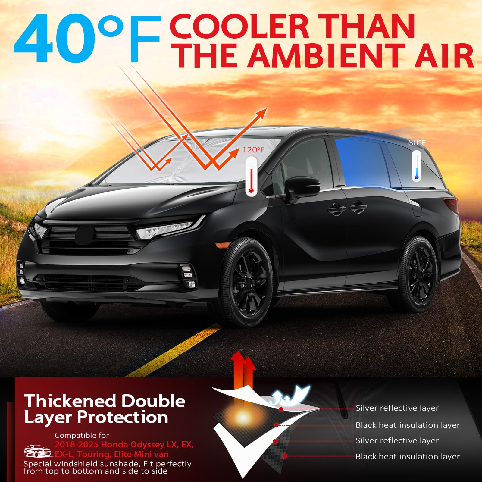 Kayzt Windshield Sun Shade For 2018-2025 Hon-Da Odyssey Lx Ex Ex-L Touring Elite Minivan Foldable Sunshade Front Window Custom F