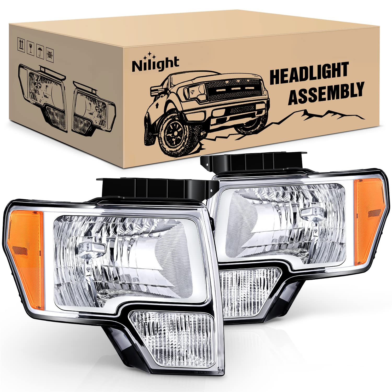 Nilight 2009 2010 2011 2012 2013 2014 F150 Headlight Assembly Chrome Housing Amber Corner Clear Lens Headlamp Replacement Driver