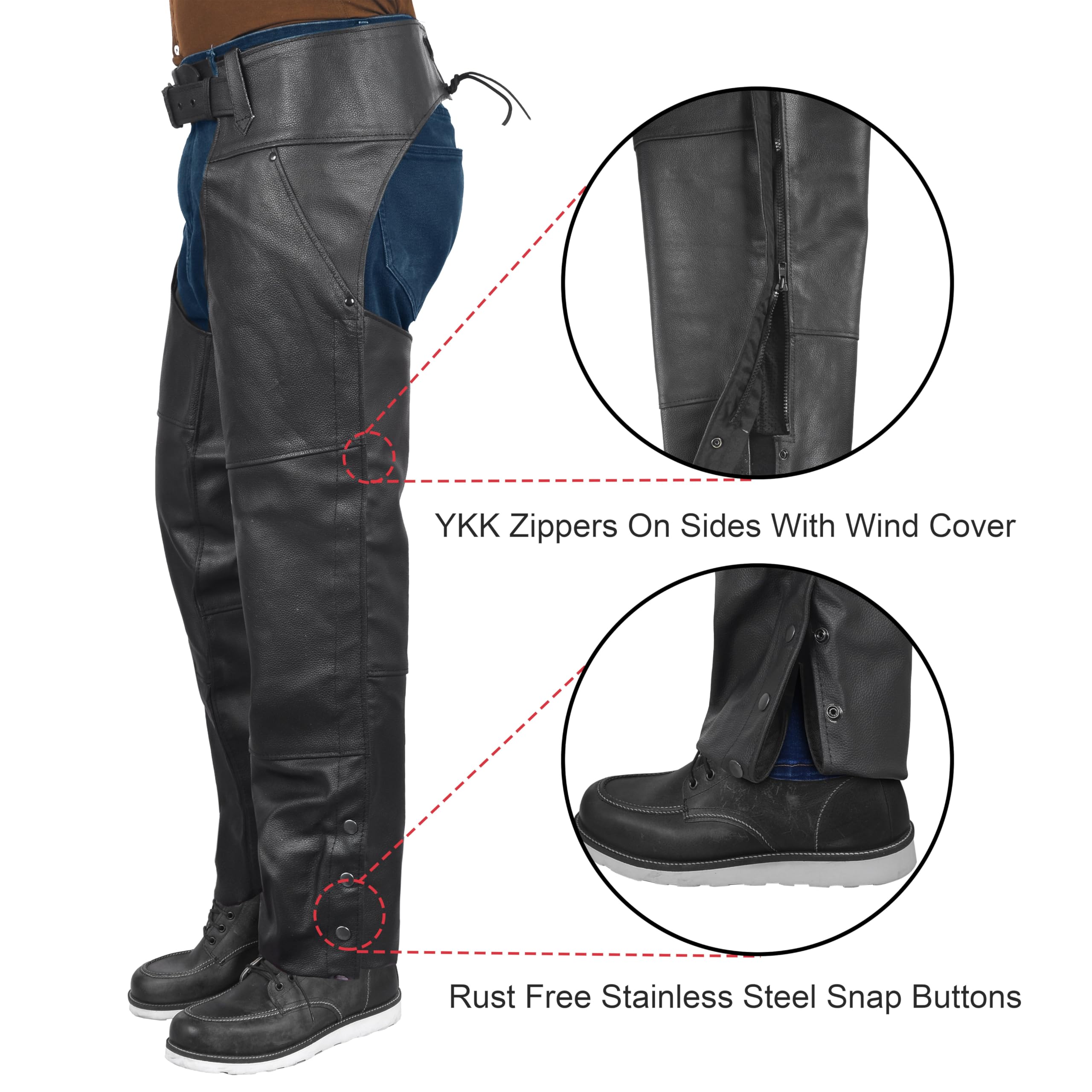 BYKR Leather Motorcycle Chaps for Men & Women Overpants Cowboy Riding Biker Vintage Chap Pants Adjustable Waist & Length (Black,