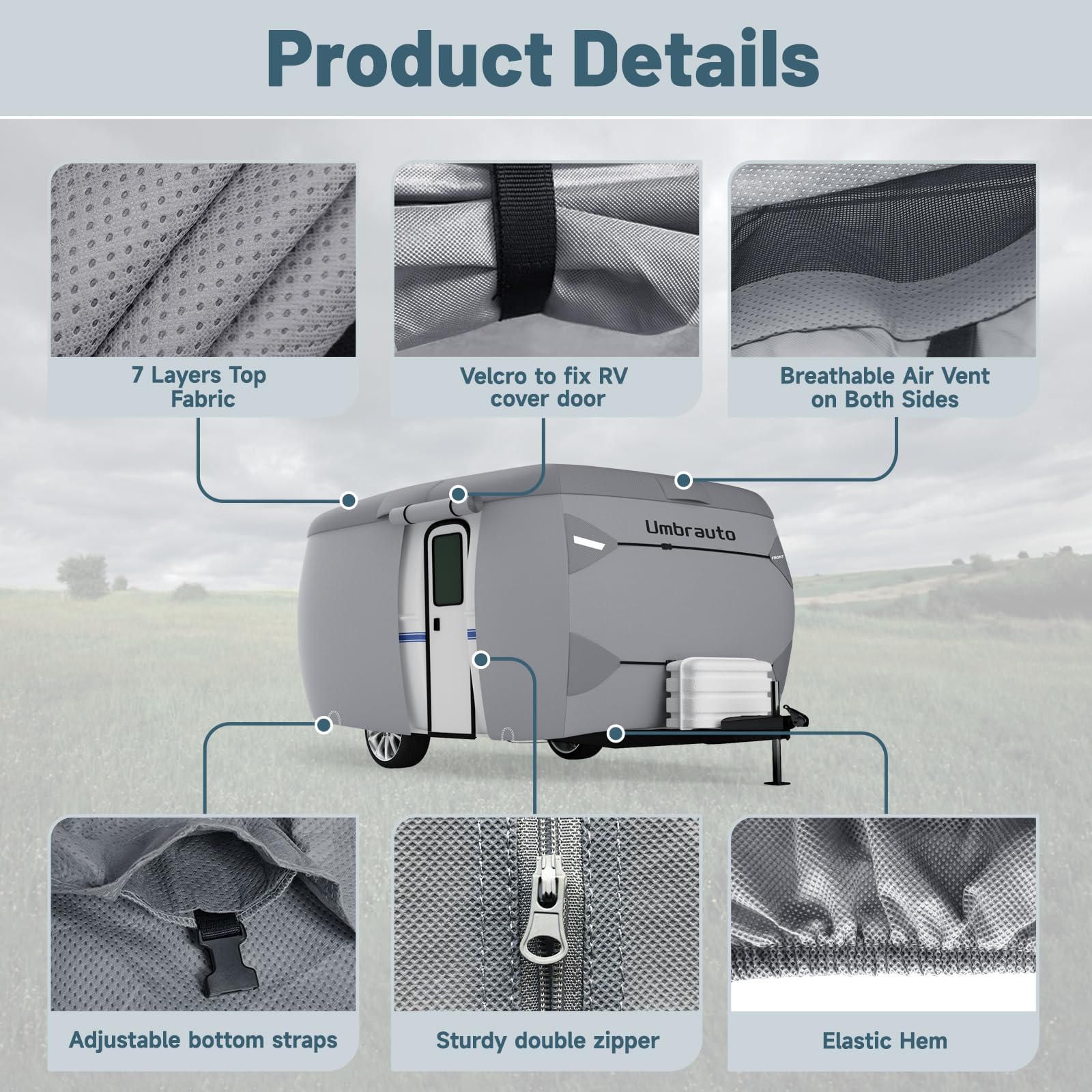 Umbrauto Upgraded Fiberglass Travel Trailer Cover Fits 8'-10' Trailers, Windproof 7 Layers Top Camper Rv Cover With Windproof St
