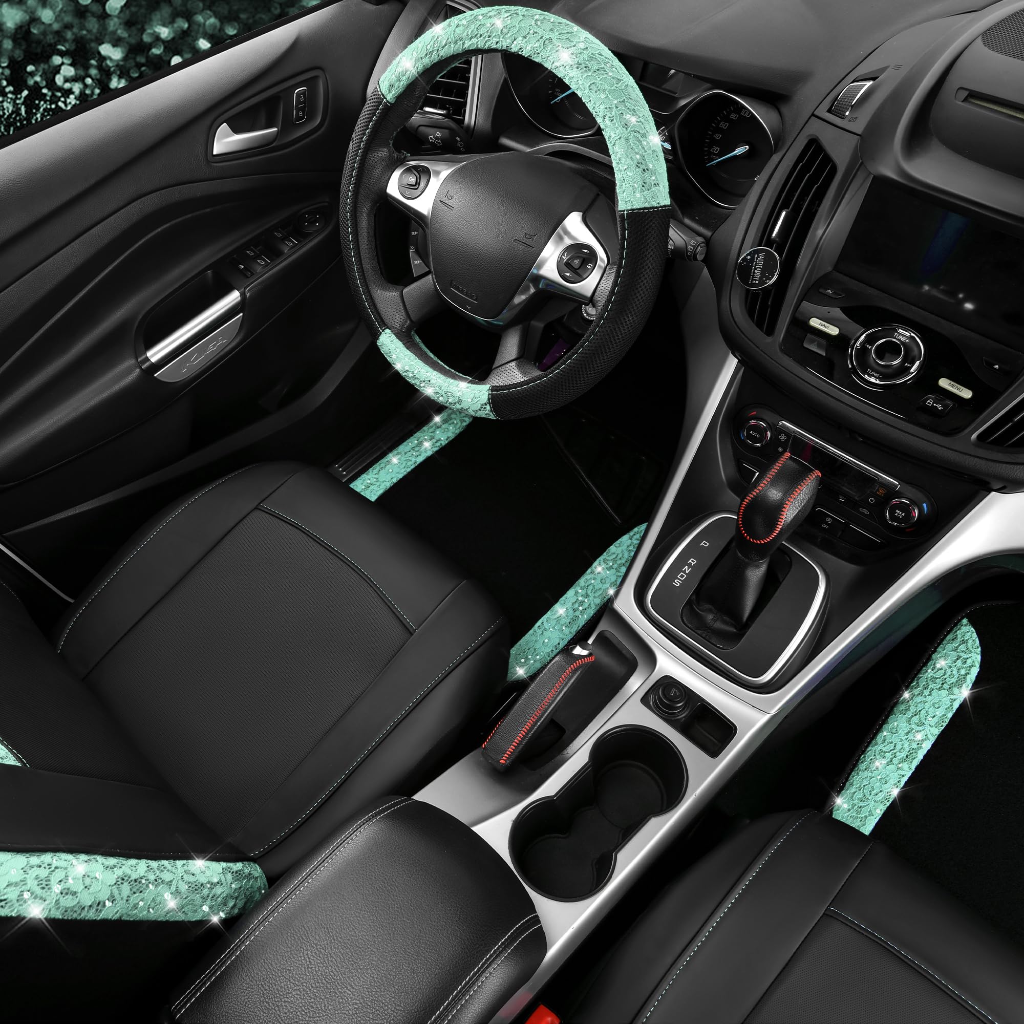 Car Pass Universal Mint Leather Lace Car Seat Covers Full Set For Women Girls, Waterproof Car Floor Mats Carpet, Glitter Steerin
