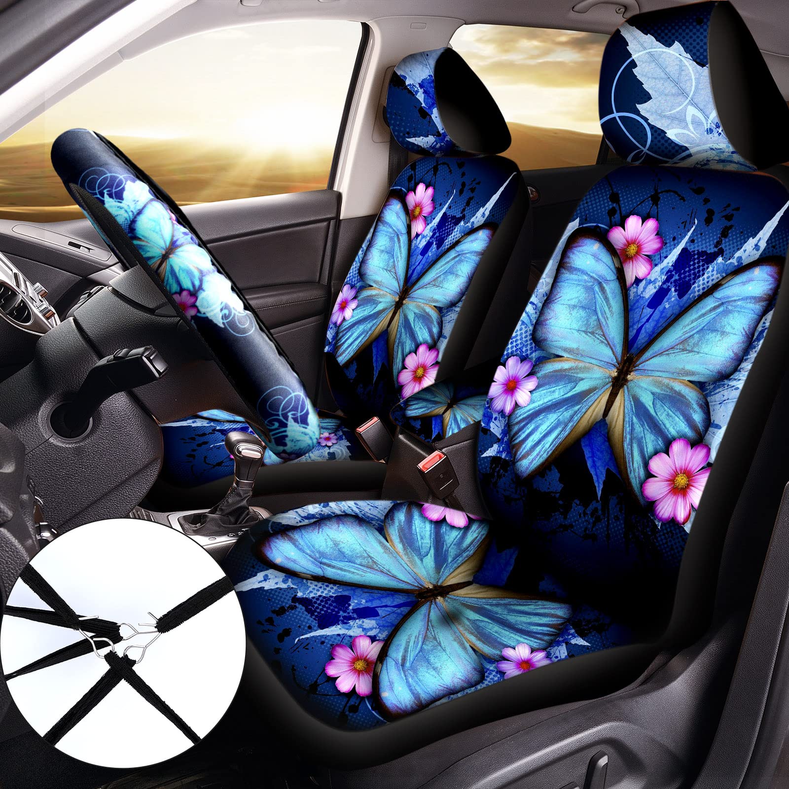 15 Pcs Butterfly Car Seat Covers Full Set Butterfly Car Seat Covers for Car Front Rear Seat Covers Steering Wheel Cover Wrist St