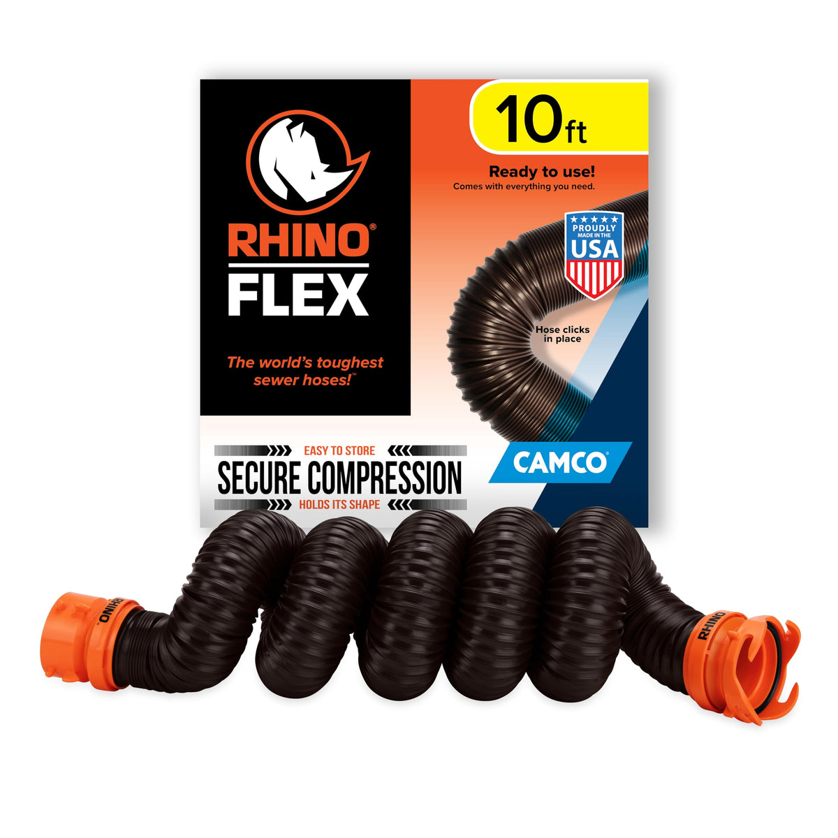 Camco Rhinoflex 10 Rv Sewer Hose Extension - Features Collapsible Design For Rv Storage - Includes Pre-Attached Lug & Bayonet Fi